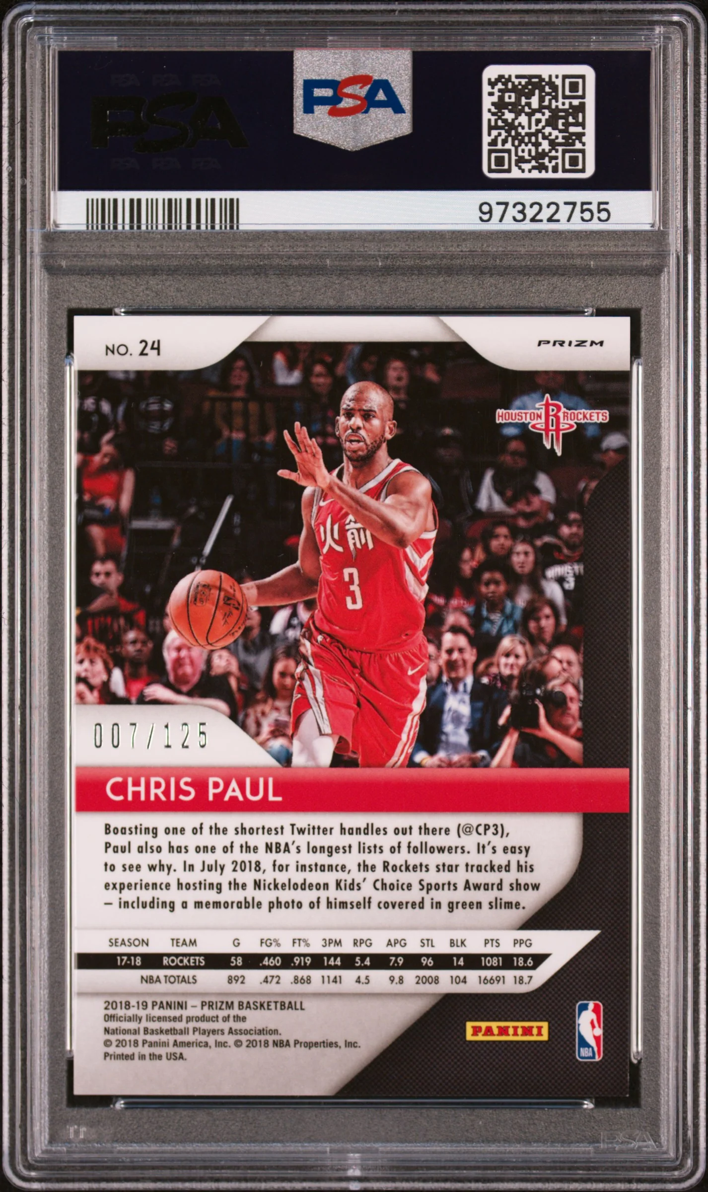 2018 Panini Prizm Fast Break Red Prizm Chris Paul #24 /125 PSA 10 - Image 2