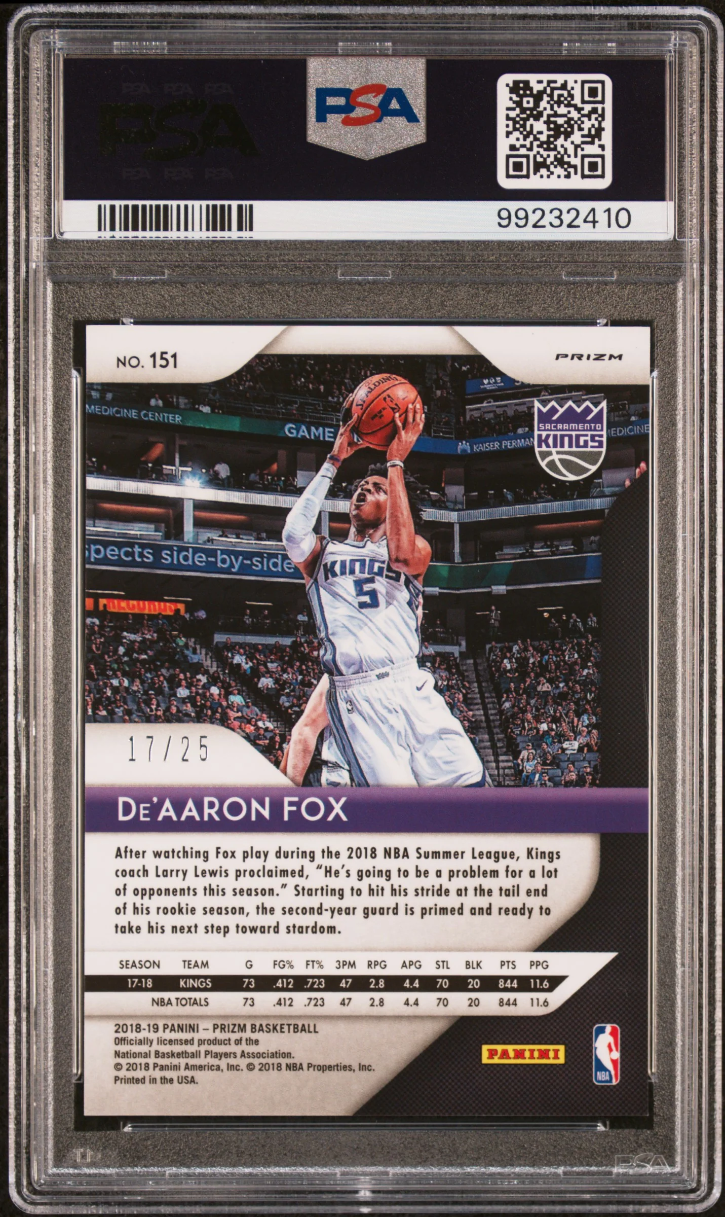 2018 Panini Prizm Green Pulsar Prizm De'Aaron Fox #151 /25 PSA 8 - Image 2