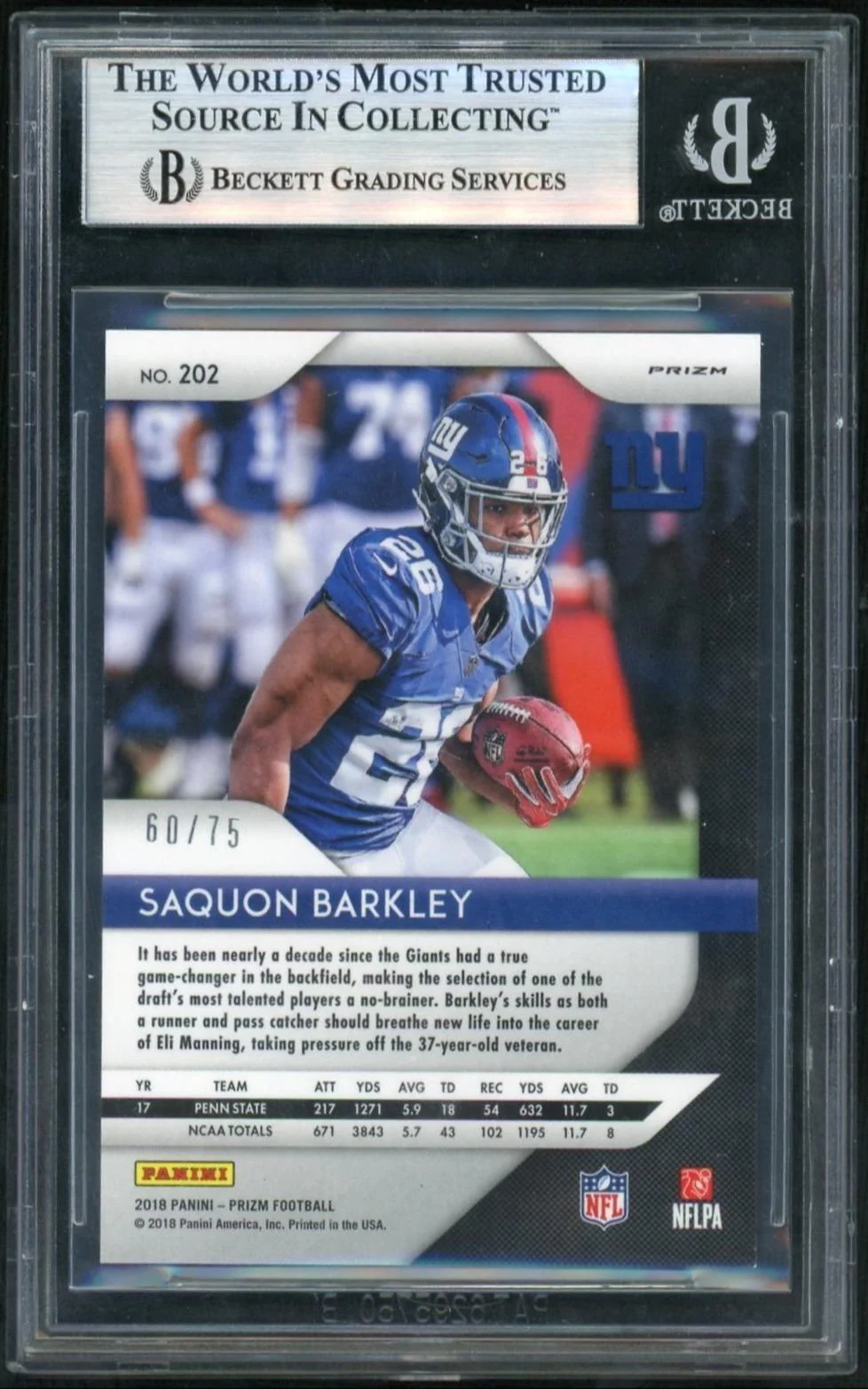 2018 Panini Prizm Prizms Green Cracked Ice Saquon Barkley #202 /75 BGS 9 - Image 2