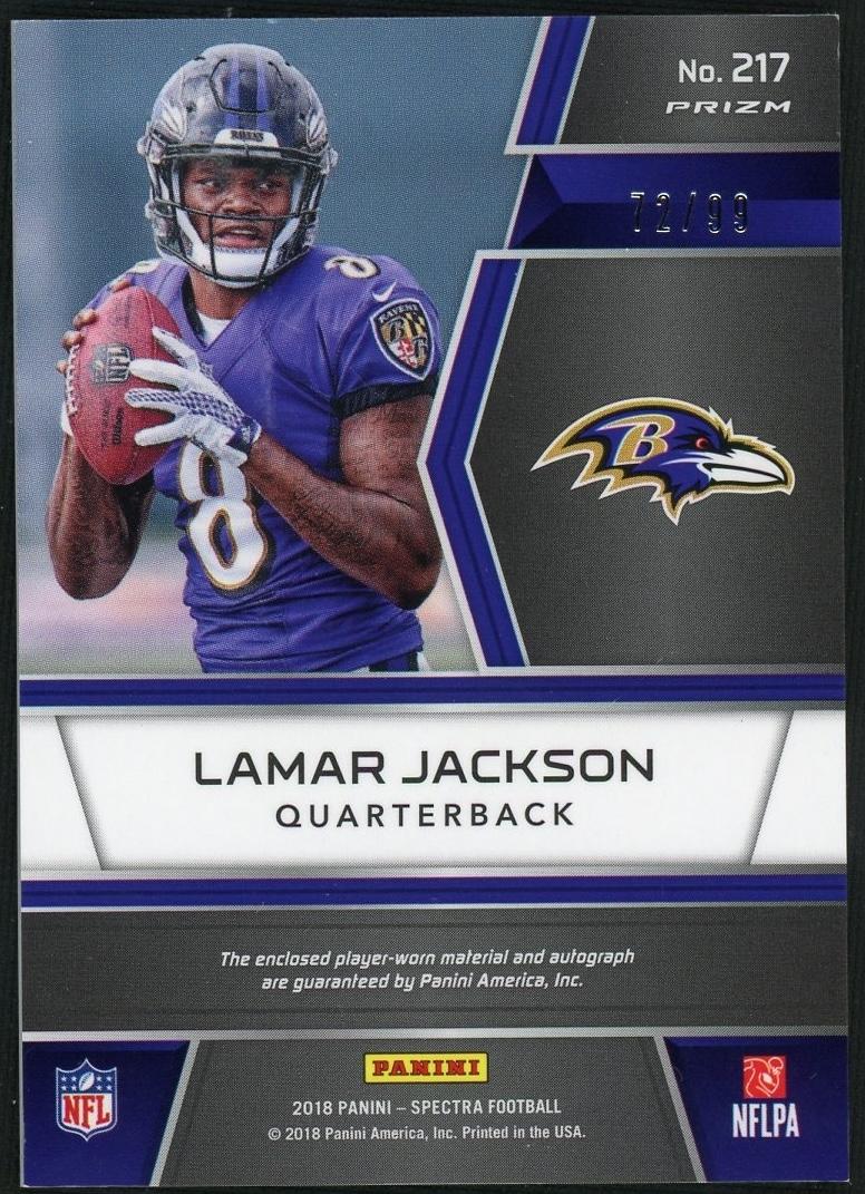 2018 Panini Spectra Prizm Lamar Jackson #217 RC Rookie Patch Auto /99 - Image 2