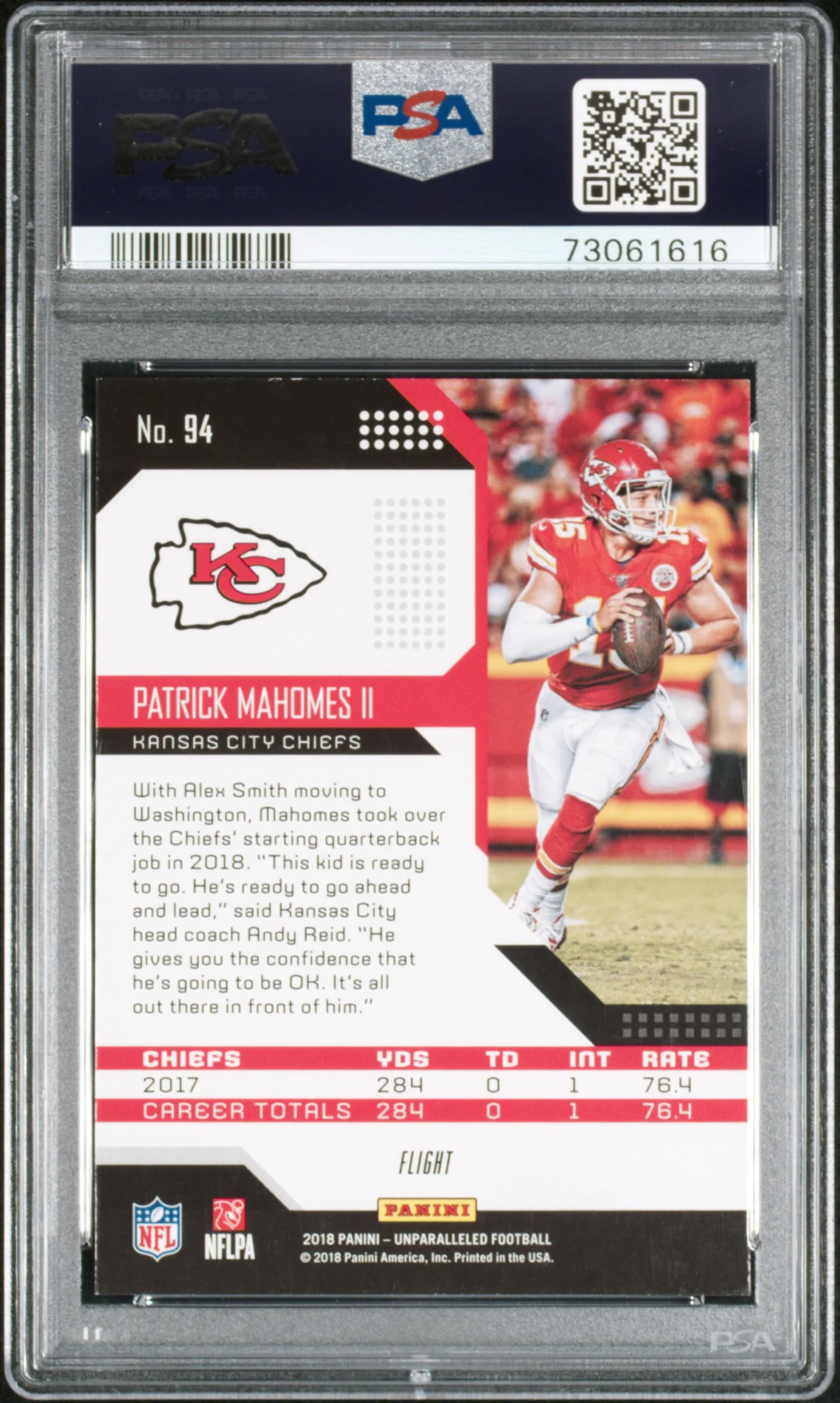 2018 Panini Unparalleled Flight Patrick Mahomes II #94 PSA 9 - Image 2