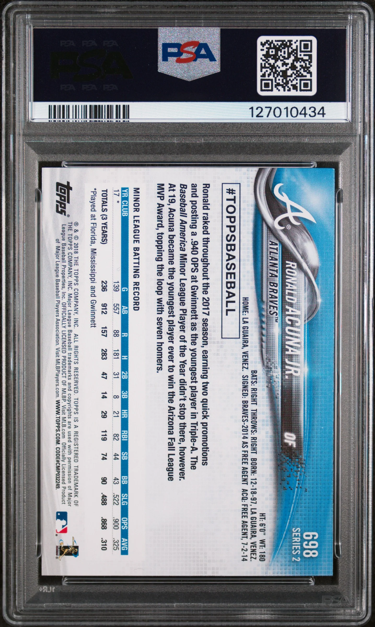 2018 Topps Bat Pointing Up Variation Ronald Acuna Jr. #698B PSA 8 - Image 2