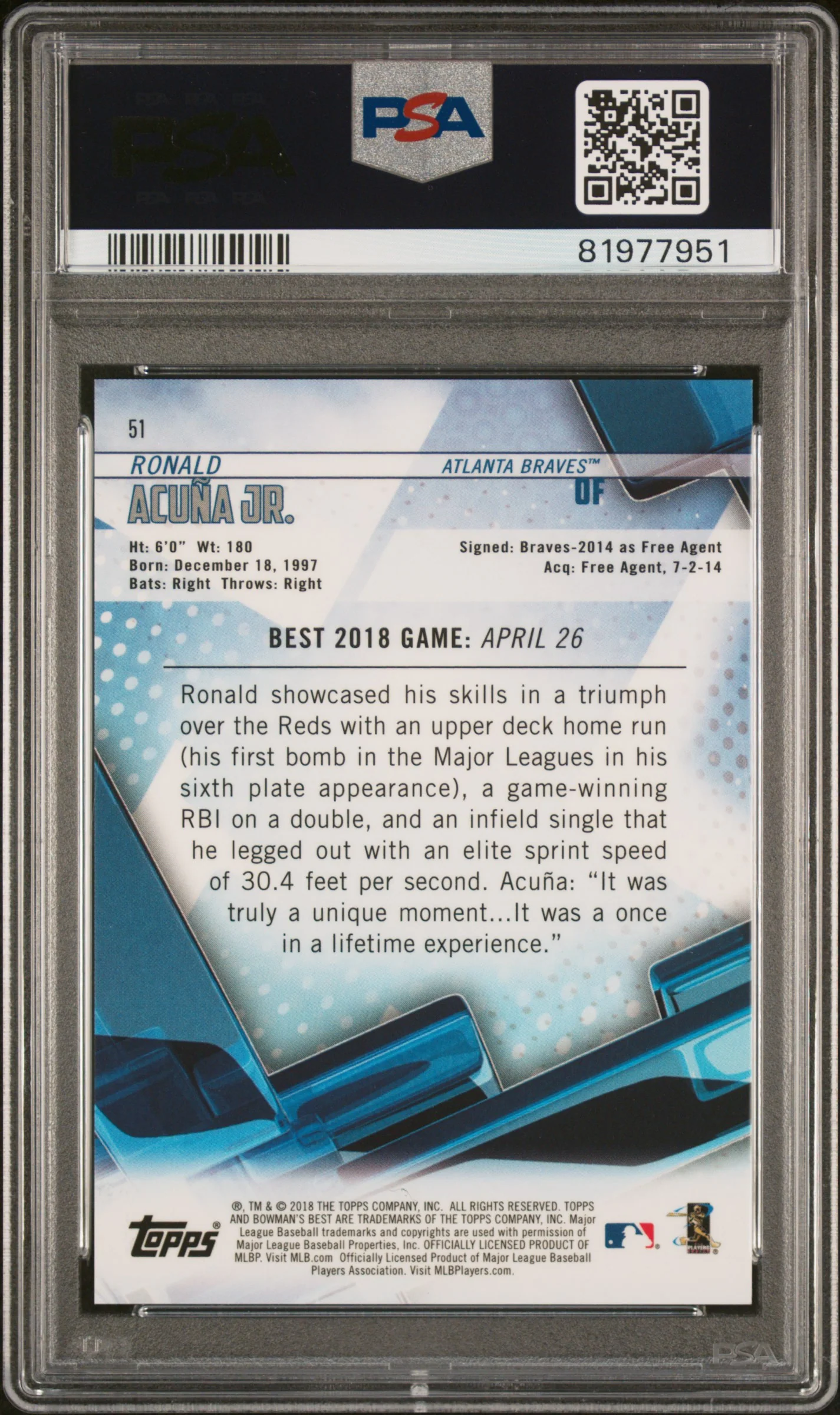 2018 Topps Bowman's Best Green Refractor Ronald Acuna Jr. #51 RC /99 PSA 10 - Image 2