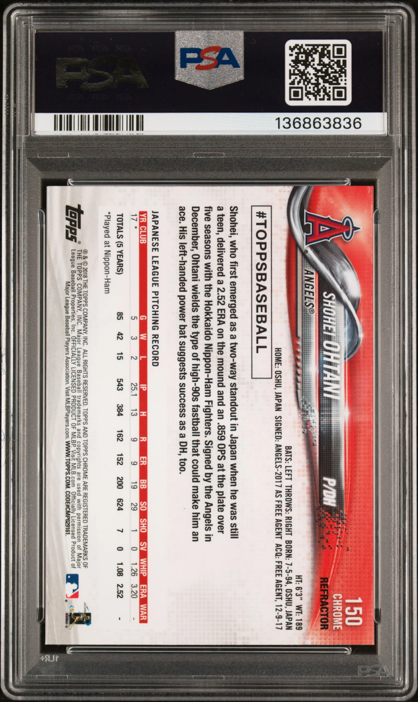 2018 Topps Chrome Pitching Refractor Shohei Ohtani #150 PSA 9 - Image 2