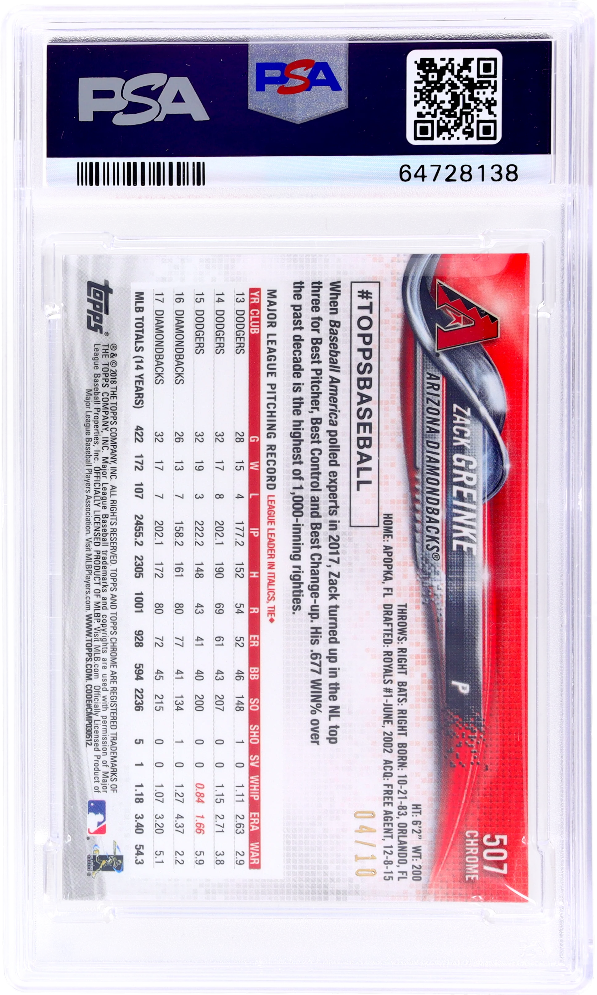 2018 Topps Chrome Sapphire Zack Greinke #507 /10 PSA 10 Red - Image 2