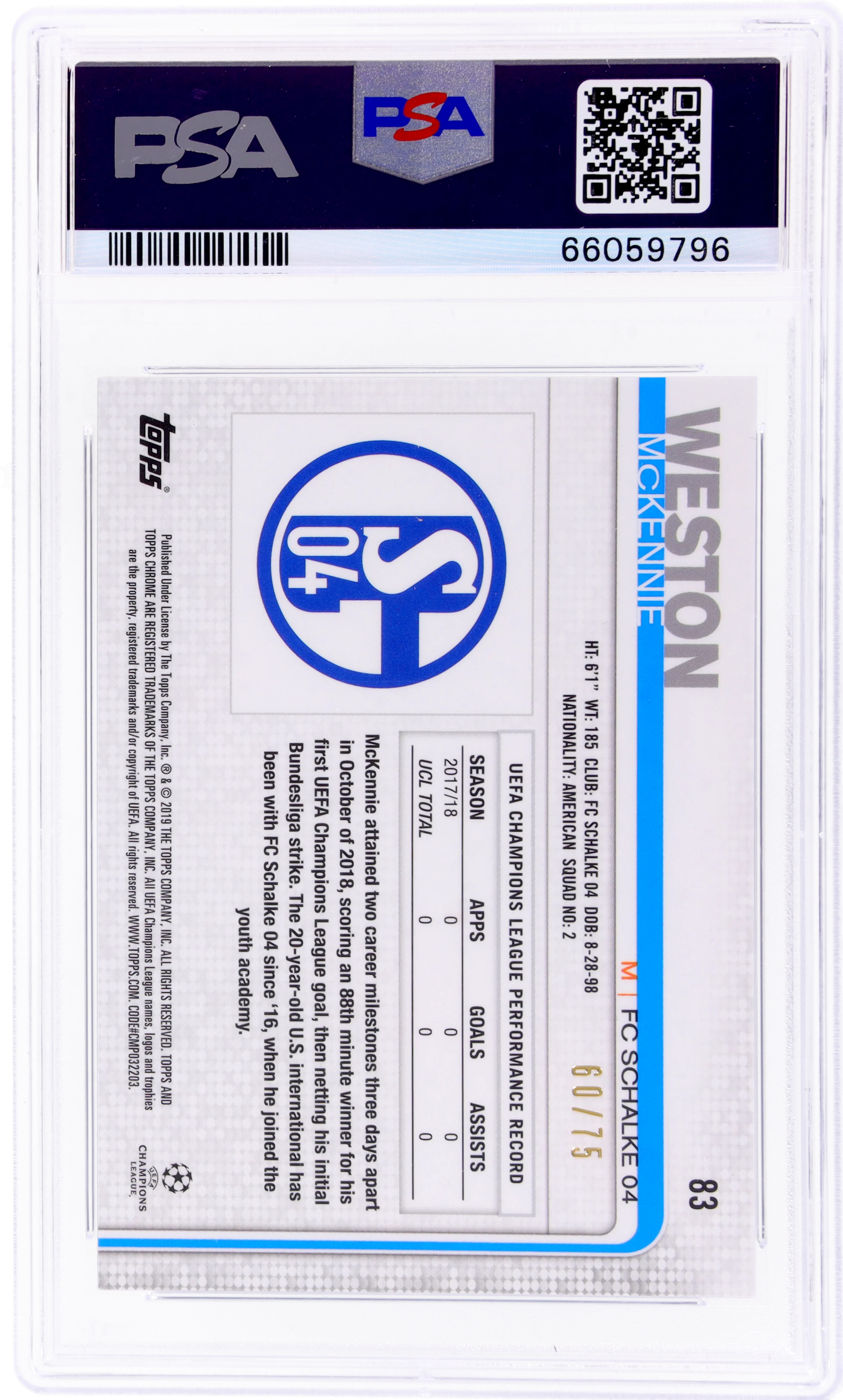 2018 Topps Chrome UCL Blue Wave Weston McKennie #83 /150 PSA 10 - Image 2