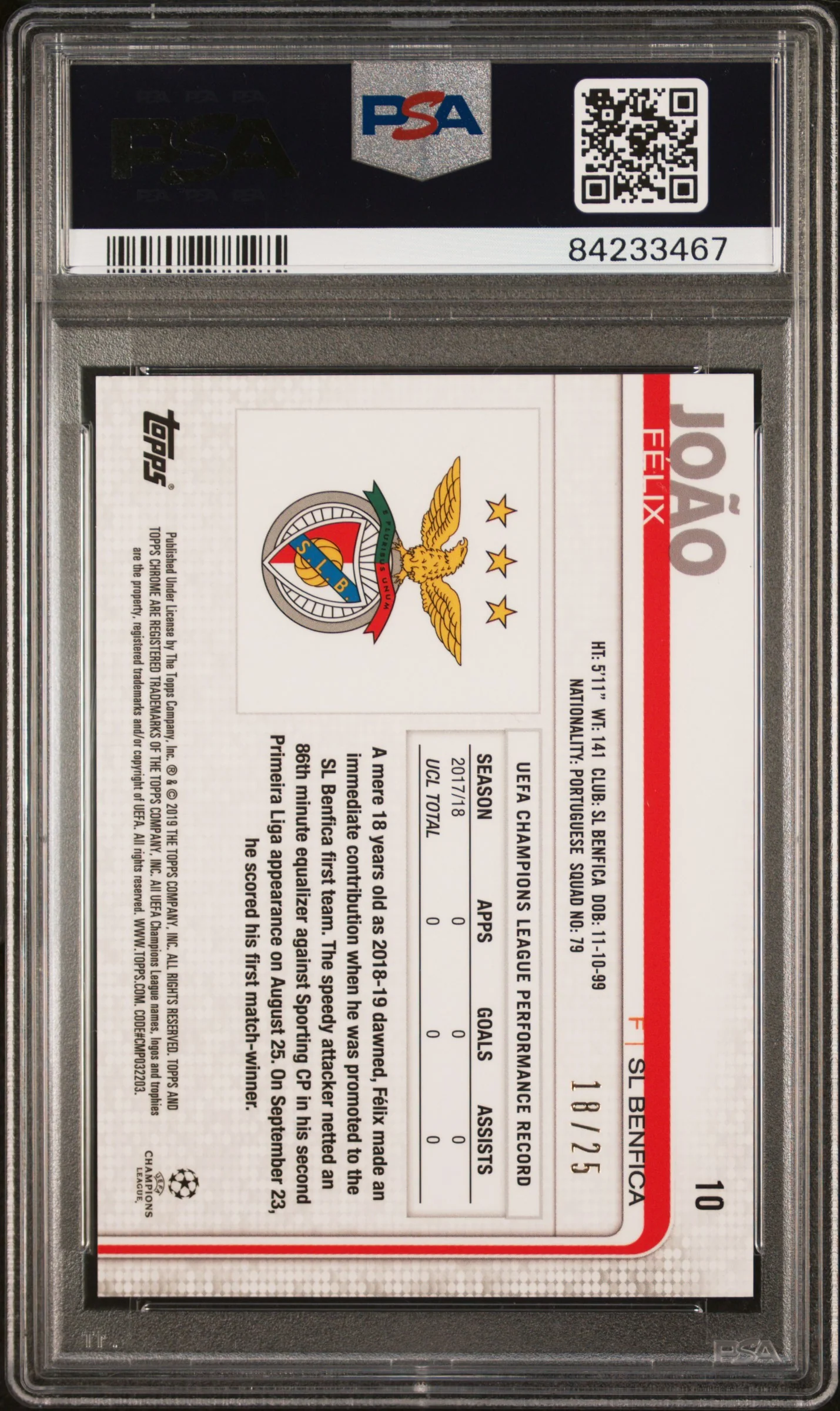 2018 Topps Chrome UEFA Champions League Orange Refractor Joao Felix #10 /25 PSA 8 - Image 2