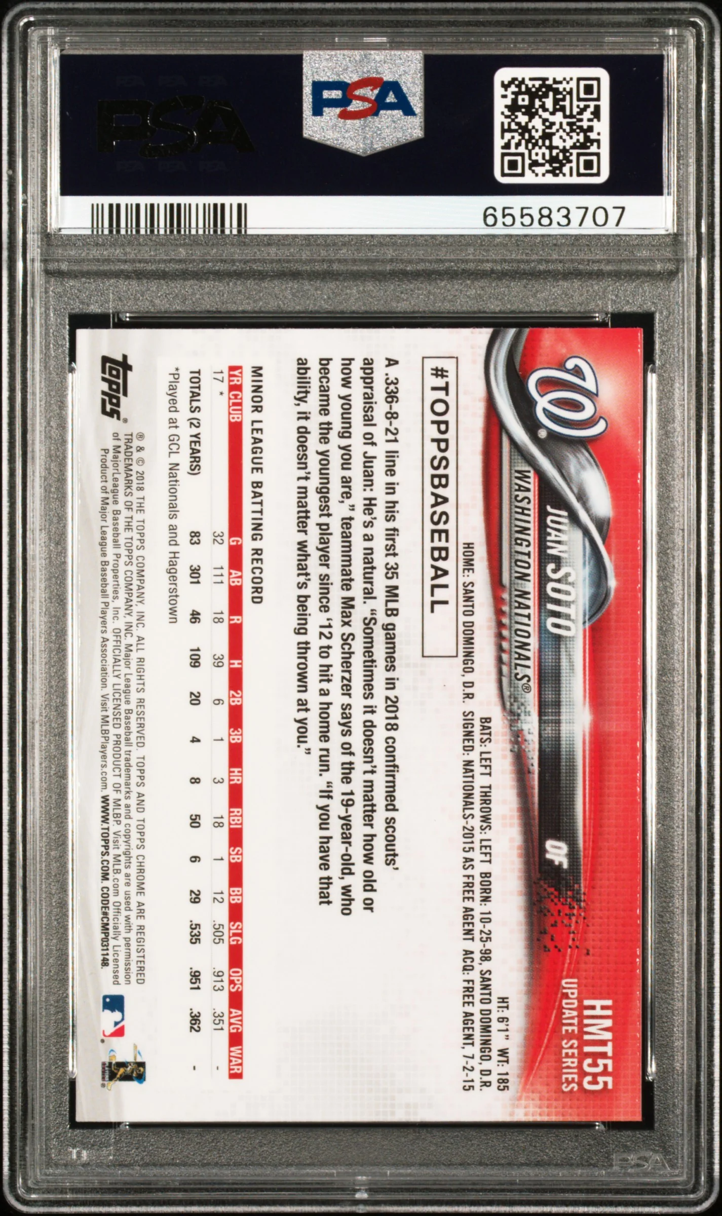 2018 Topps Chrome Update Juan Soto #HMT55 PSA 10 - Image 2