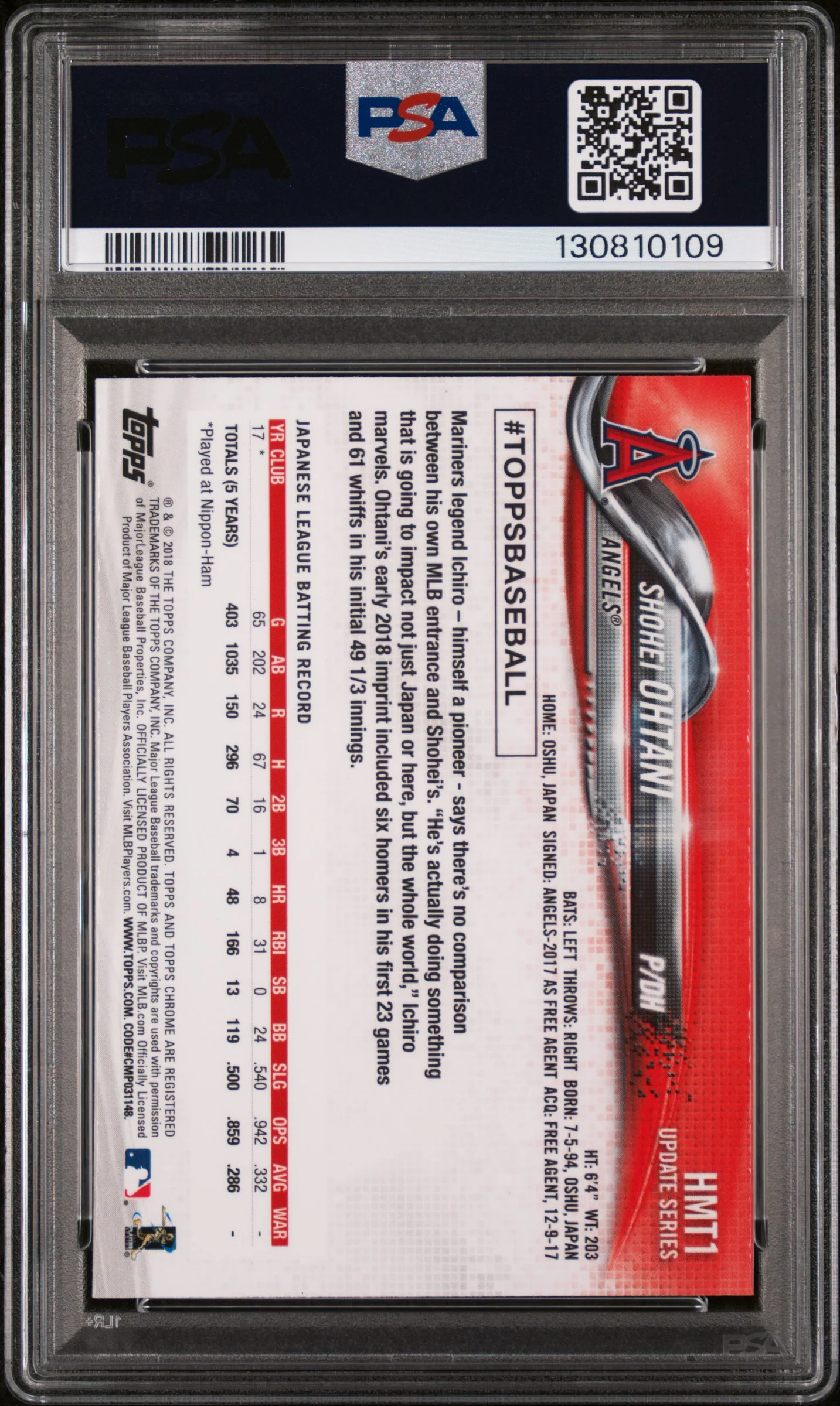 2018 Topps Chrome Update Shohei Ohtani #HMT1 PSA 9 - Image 2