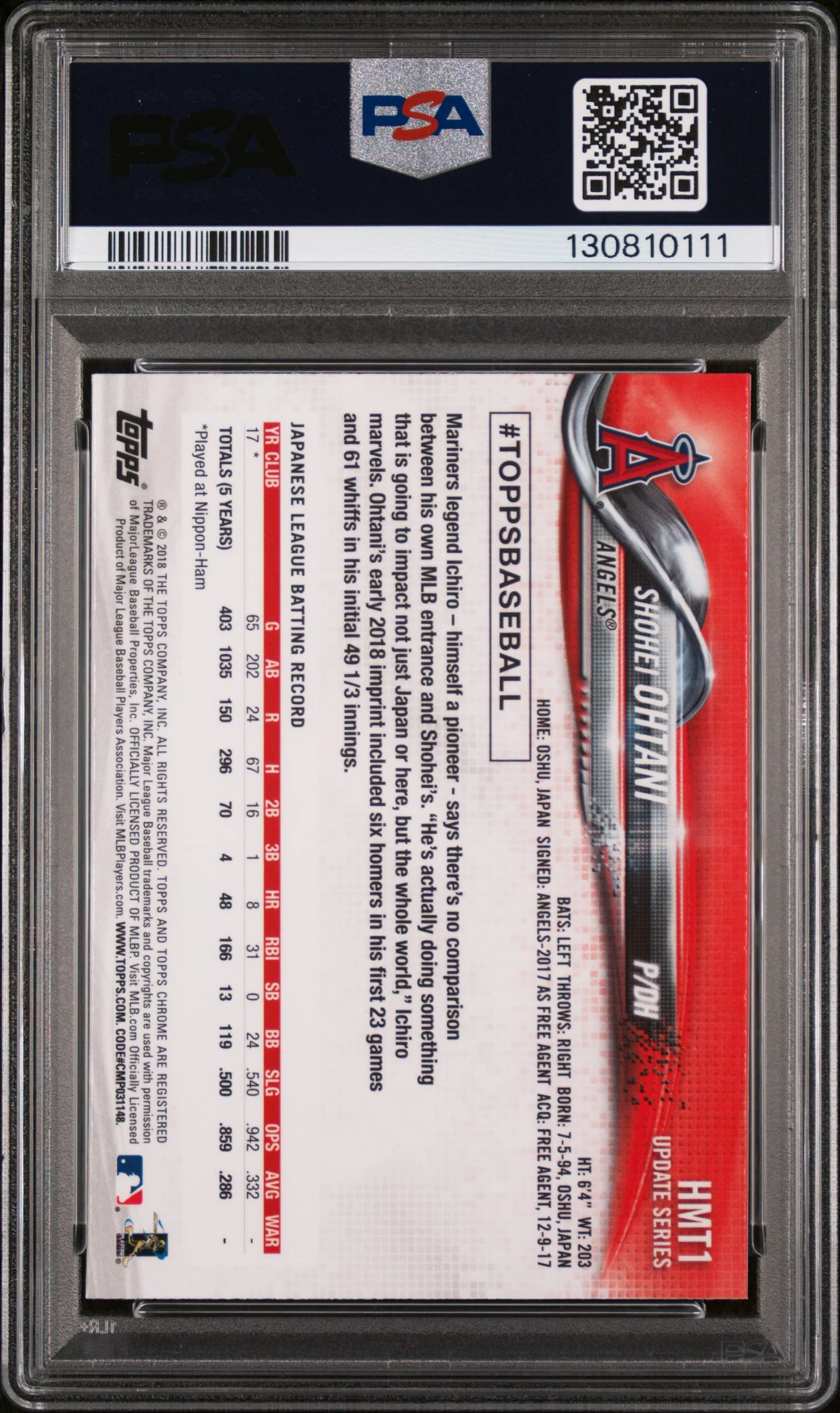 2018 Topps Chrome Update Shohei Ohtani #HMT1 PSA 9 - Image 2