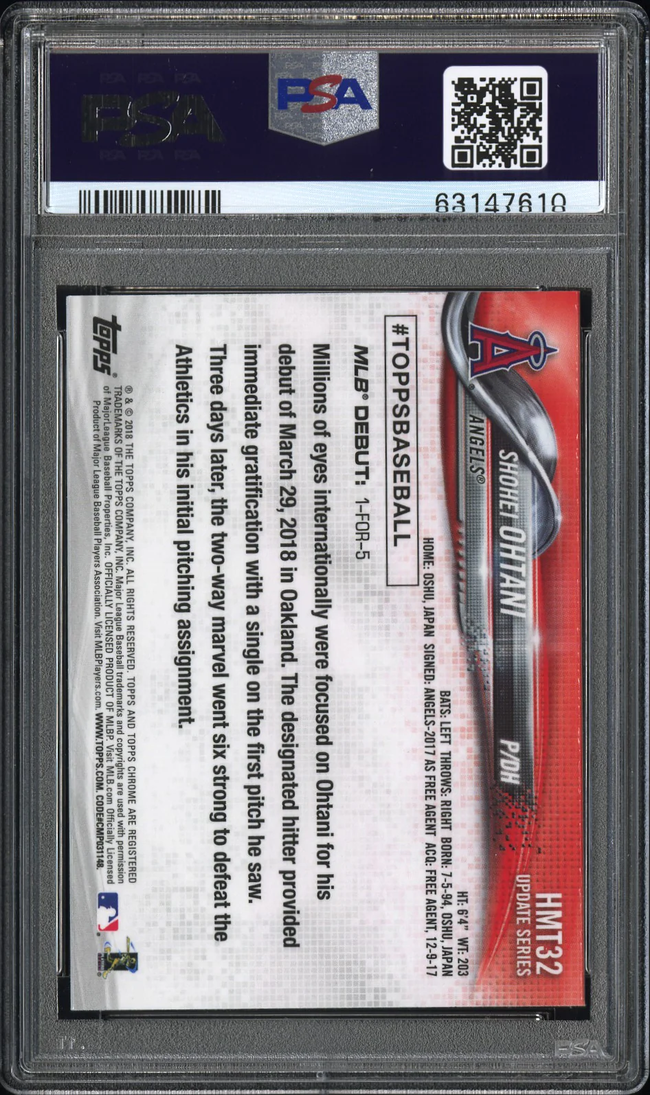 2018 Topps Chrome Update Shohei Ohtani #HMT32 PSA 10 - Image 2