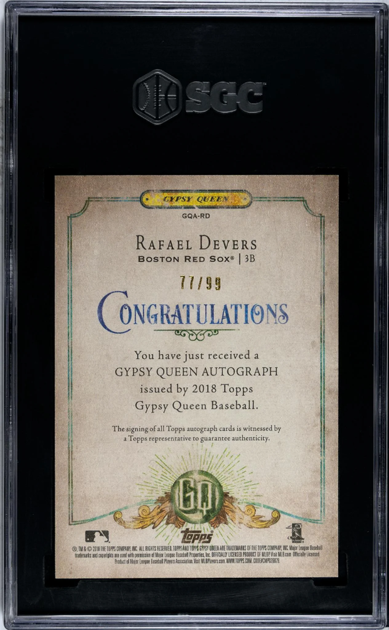 2018 Topps Gypsy Queen GQ Logo Swap Rafael Devers #GQA-RD RC Auto /99 SGC 10 - Image 2