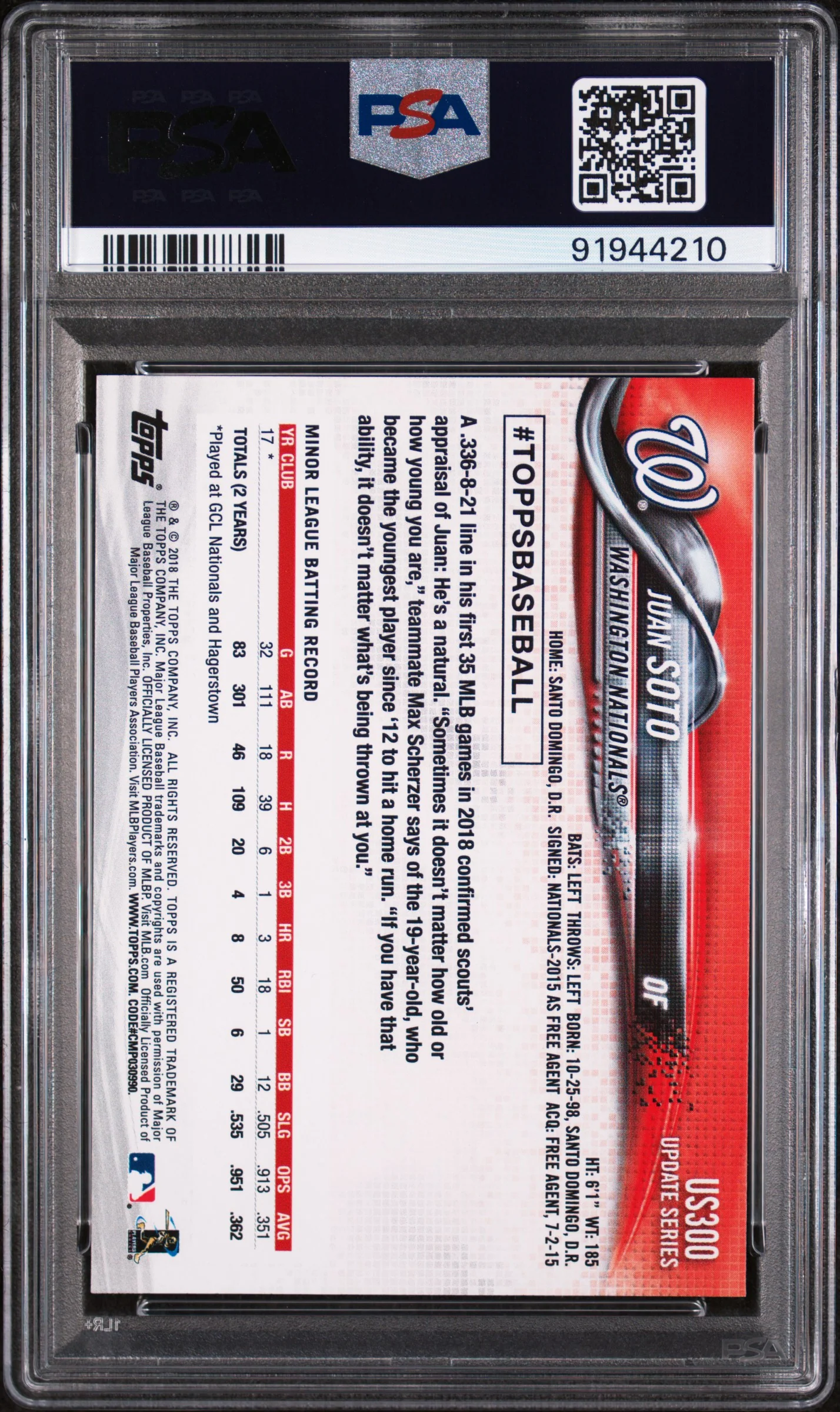 2018 Topps On Demand Mini Update Juan Soto #US300 PSA 9 - Image 2