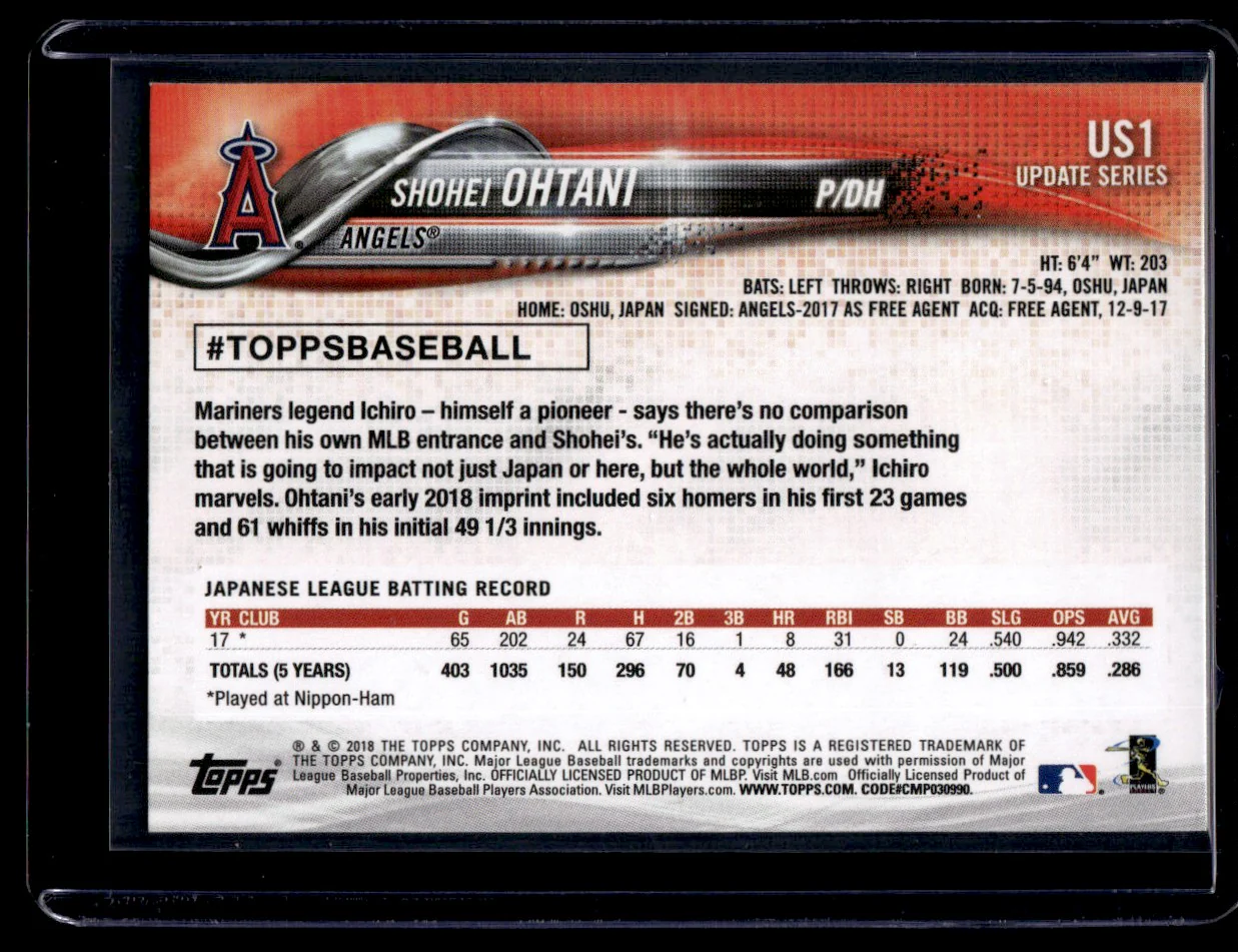 2018 Topps US1 Shohei Ohtani Update Series Rookie Angels - Image 2
