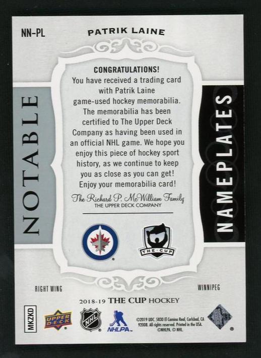 2018 Upper Deck The Cup NN-PL Patrik Laine Notable Nameplates 5/5 Winnipeg - Image 2