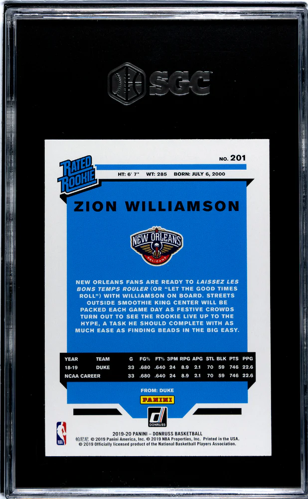 2019-20 Donruss Zion Williamson #201 RC SGC 9 - Image 2