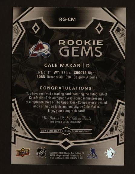 2019 Upper Deck Black Diamond #RG-CM Cale Makar Rookie Gems Auto /99 - Image 2