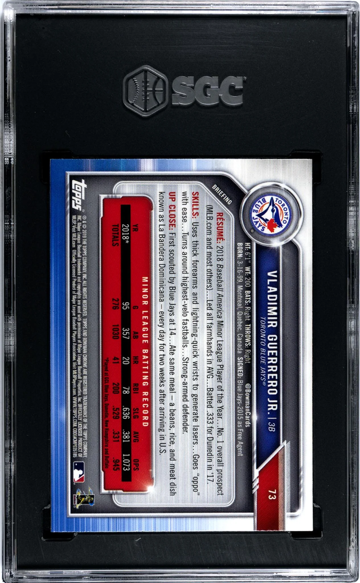 2019 Bowman Chrome #73 Vladimir Guerrero Jr. SGC 10 - Image 2