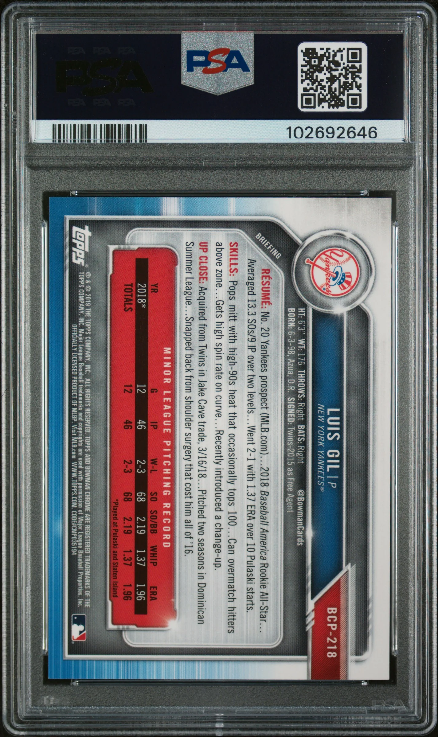 2019 Bowman Chrome Prospects Gold Refractor Luis Gil #BCP218 /50 PSA 10 - Image 2