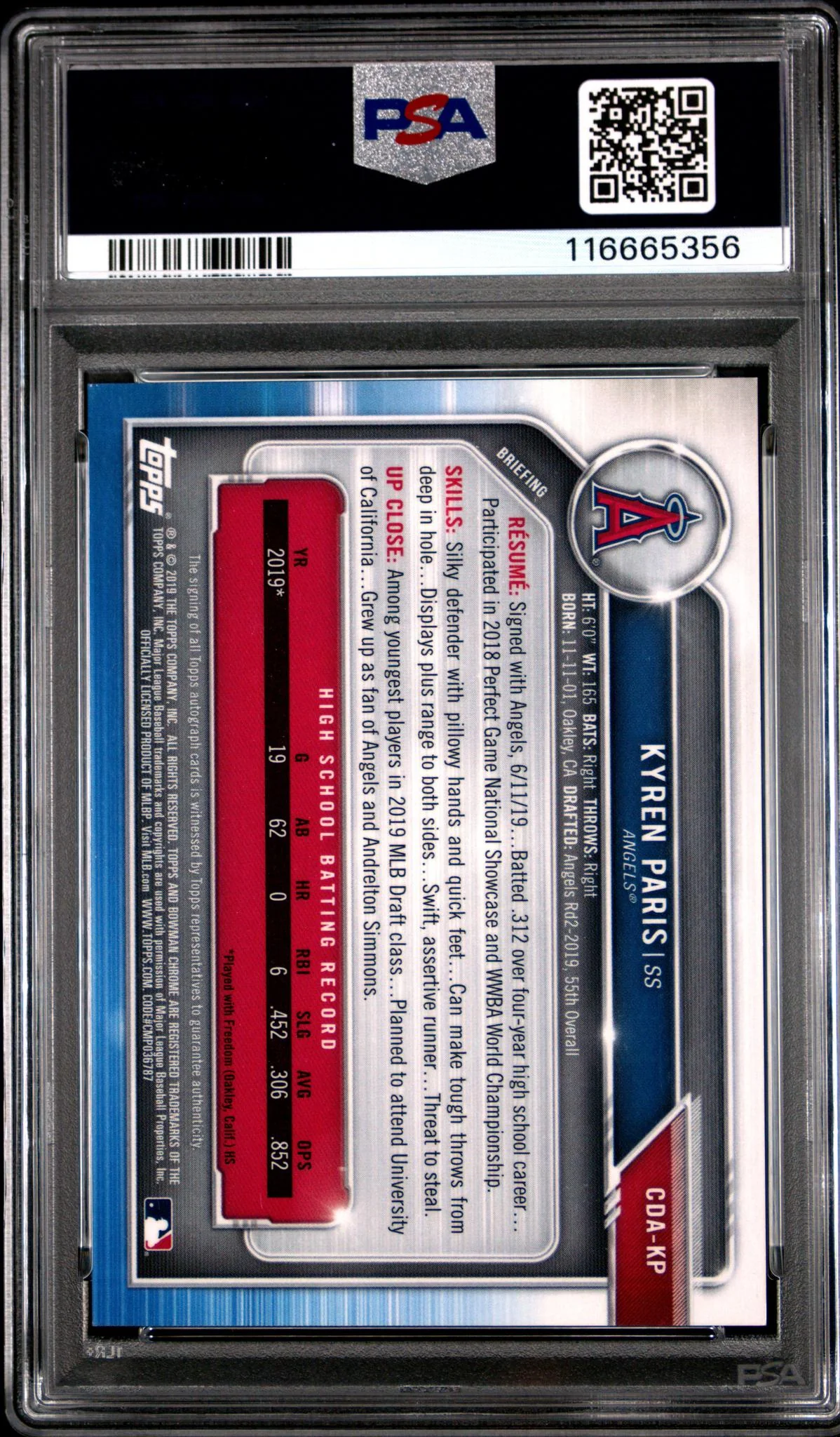 2019 Bowman Chrome Draft Autographs Orange Refractor Kyren Paris #CDAKP /25 PSA 9 - Image 2