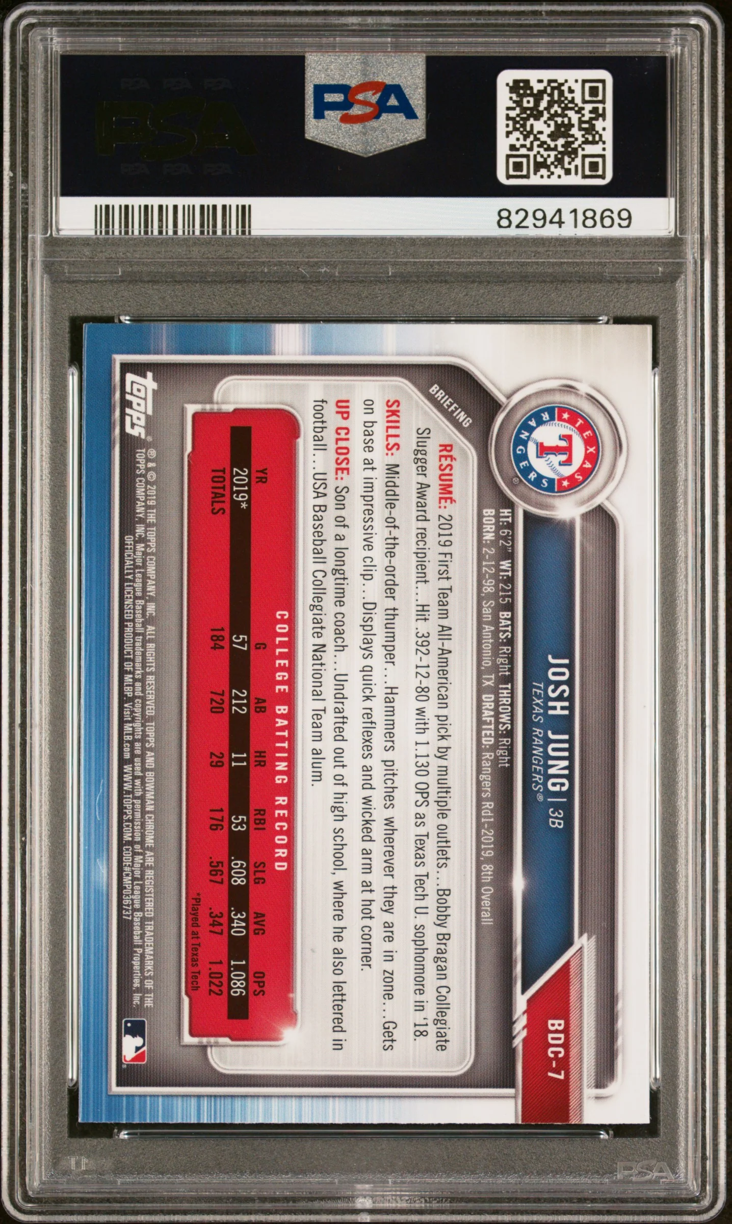 2019 Bowman Draft Chrome Josh Jung #BDC-7 PSA 10 - Image 2