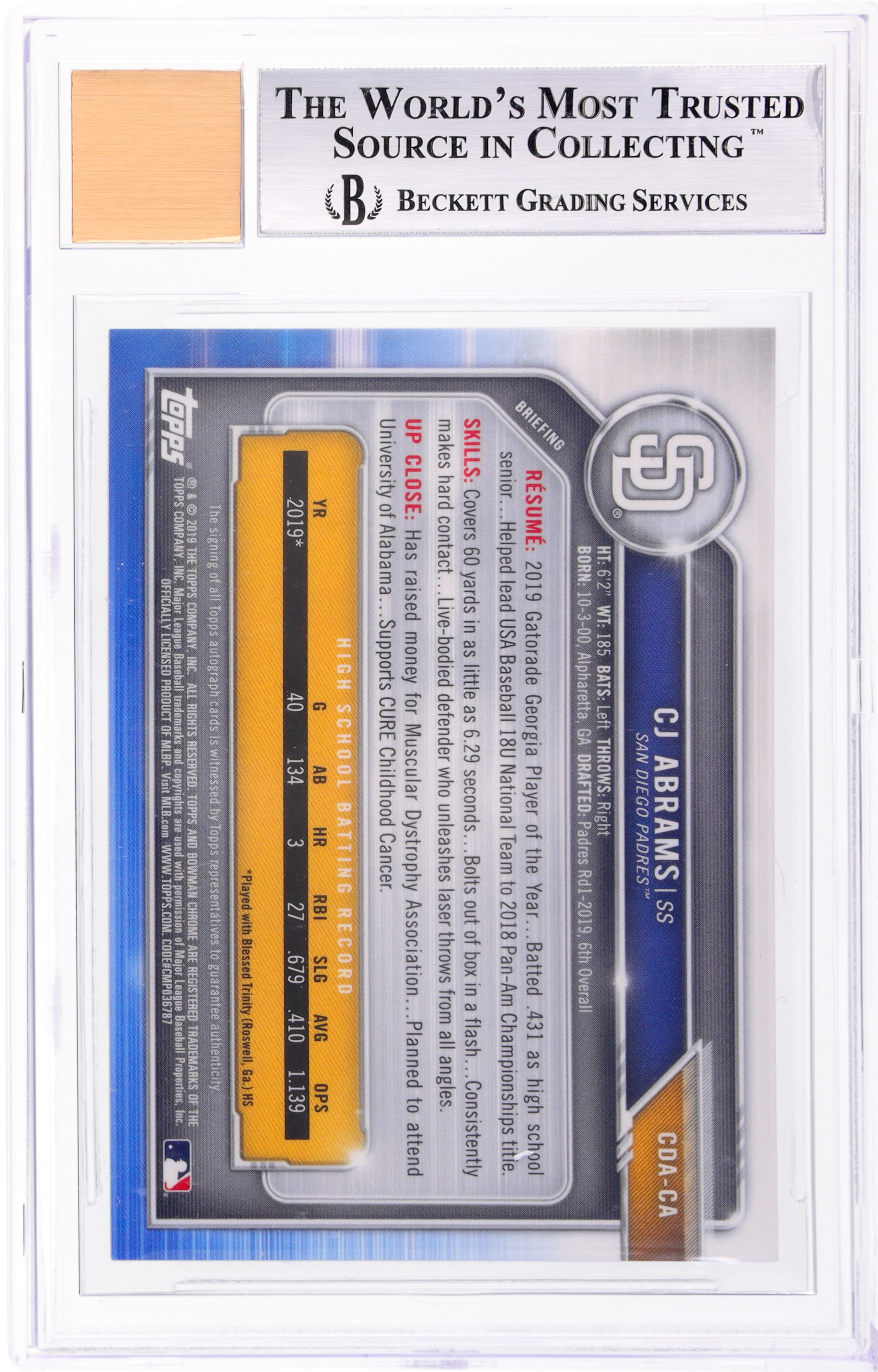 2019 Bowman Chrome Draft Green Refractor CJ Abrams #CDA-CA /99 BGS 9 Auto - Image 2
