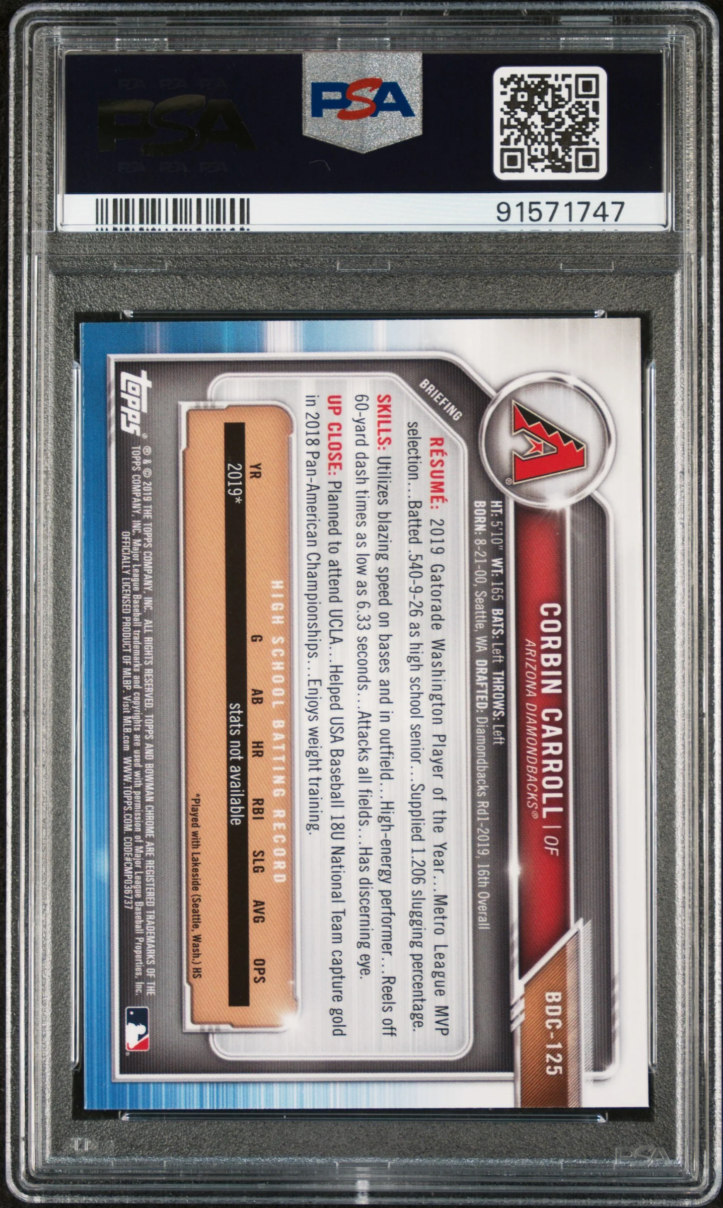 2019 Bowman Chrome Draft Corbin Carroll #BDC125 PSA 10 - Image 2
