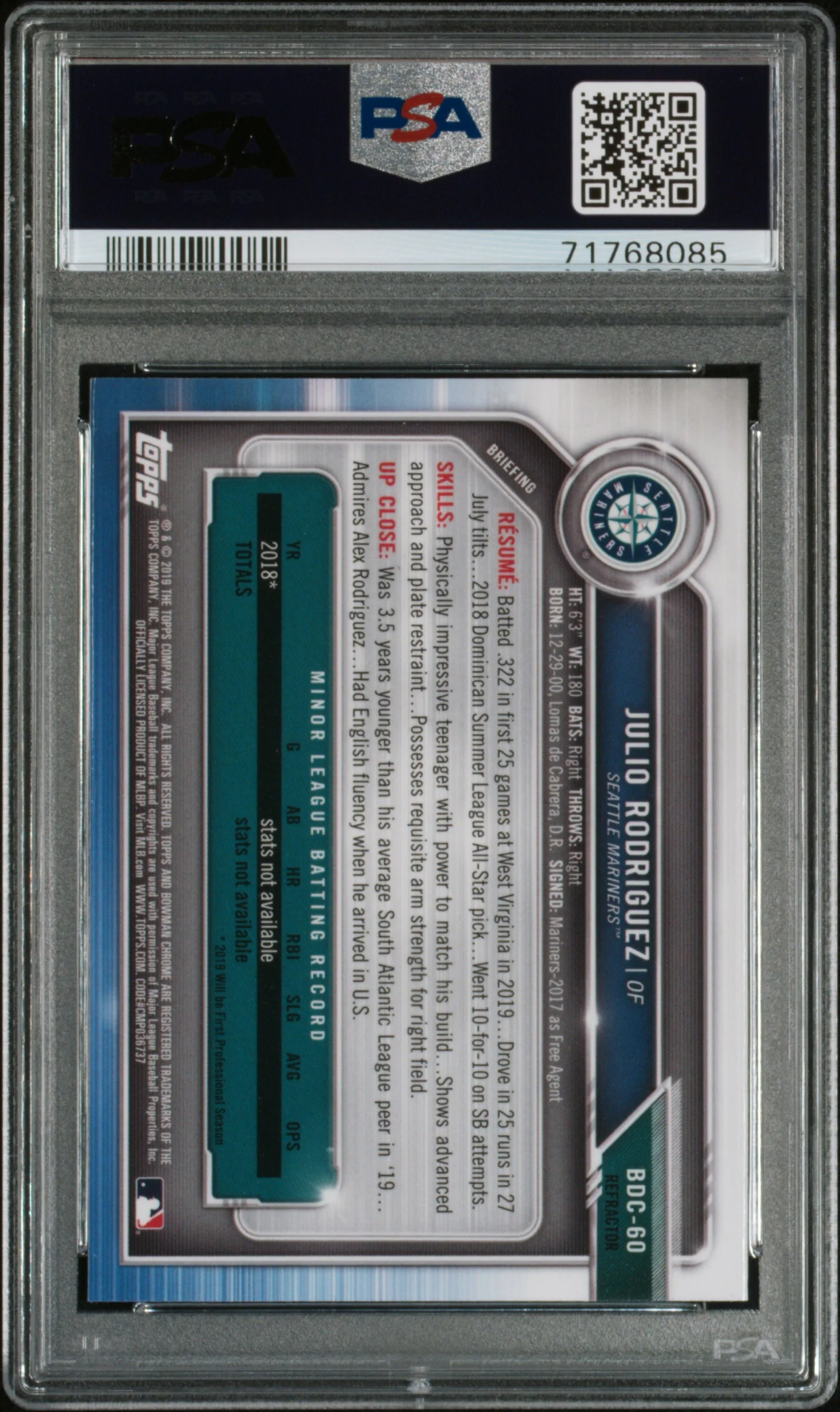 2019 Bowman Chrome Draft Refractor Julio Rodriguez #BDC60 PSA 9 - Image 2