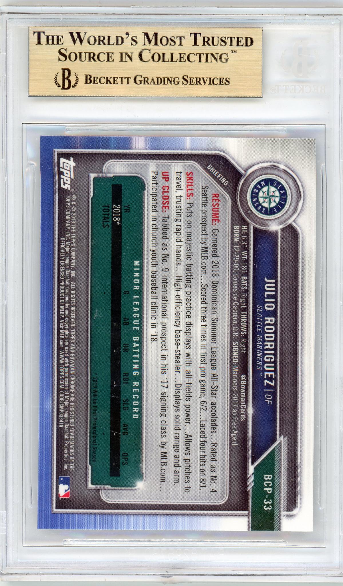 2019 Bowman Chrome Mega Box Prospects Refractor Julio Rodriguez #BCP33 BGS 9.5 - Image 2