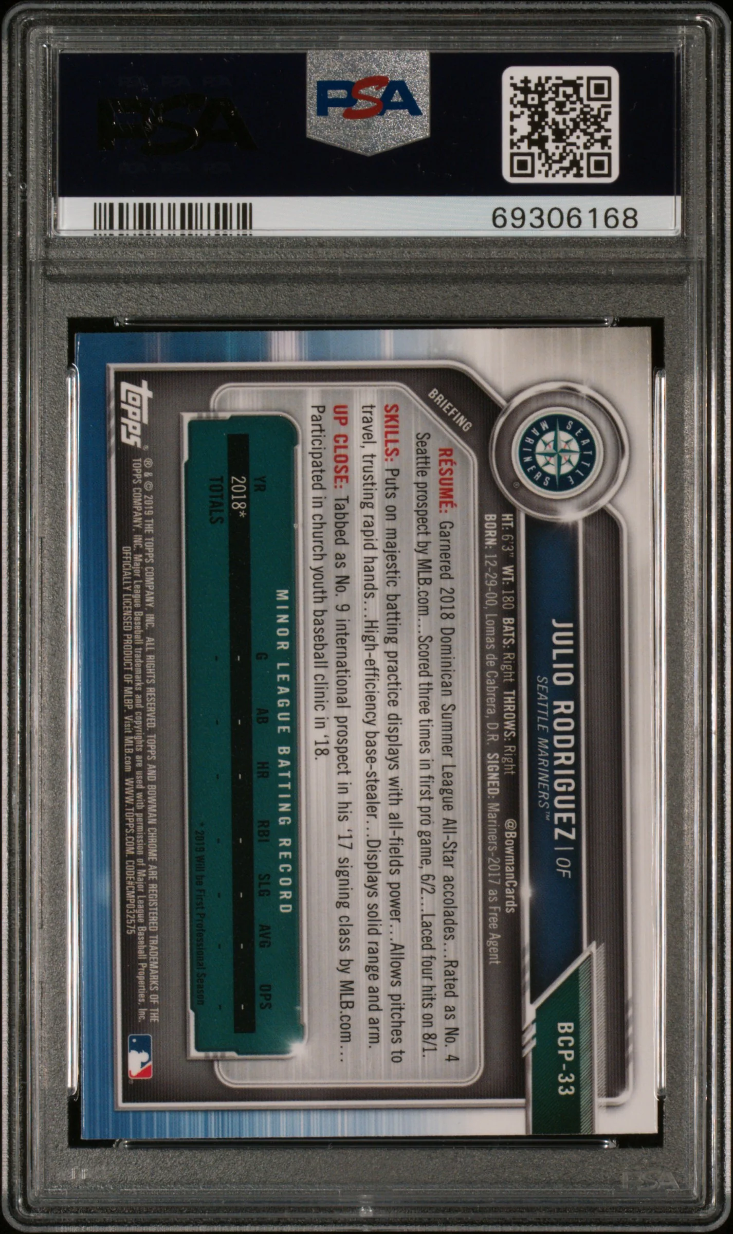 2019 Bowman Chrome Prospect Julio Rodriguez #BCP33 PSA 10 - Image 2
