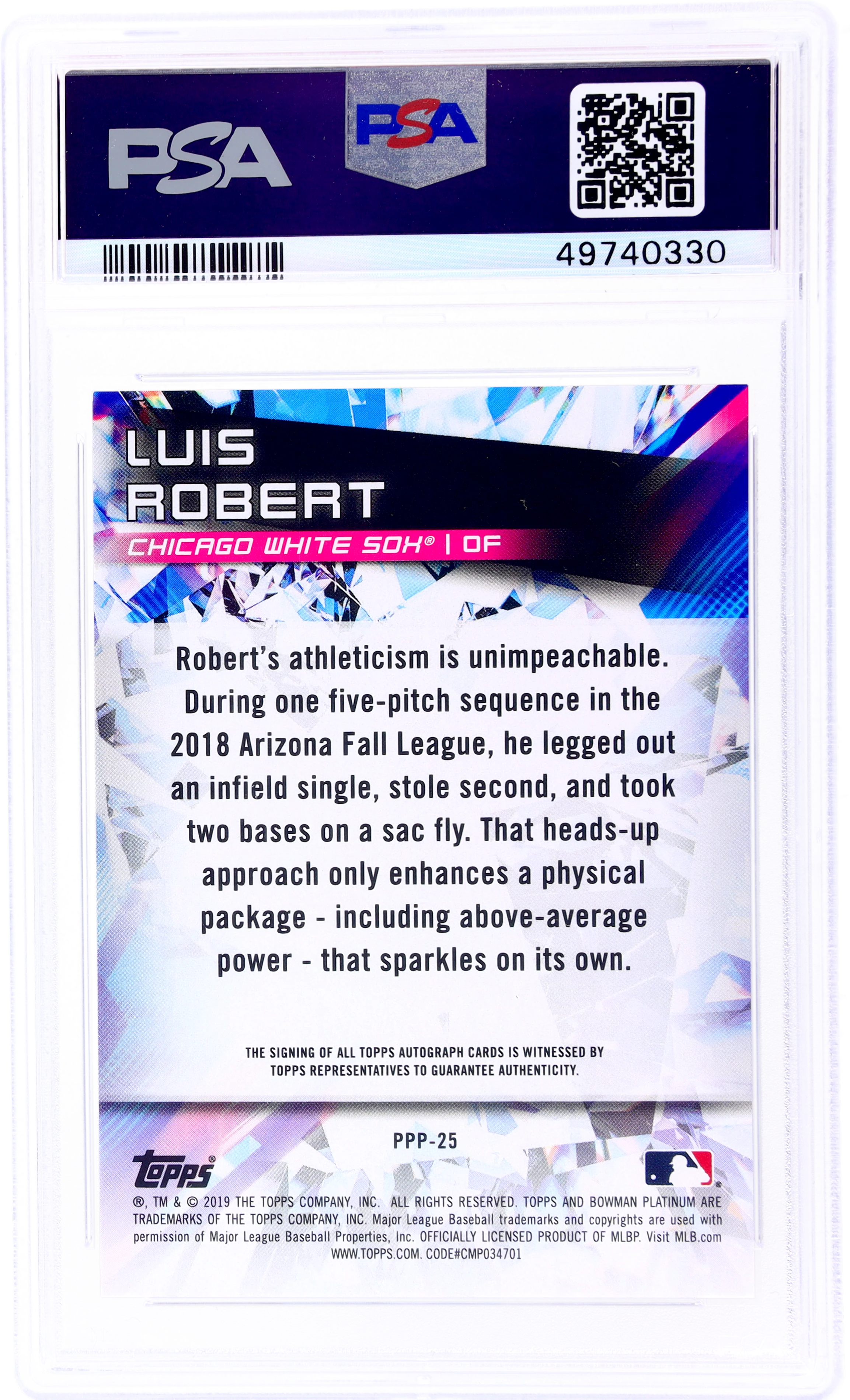 2019 Bowman Platinum Prismatic Prodigies Luis Robert #PPP-25 /50 PSA 8 Auto - Image 2