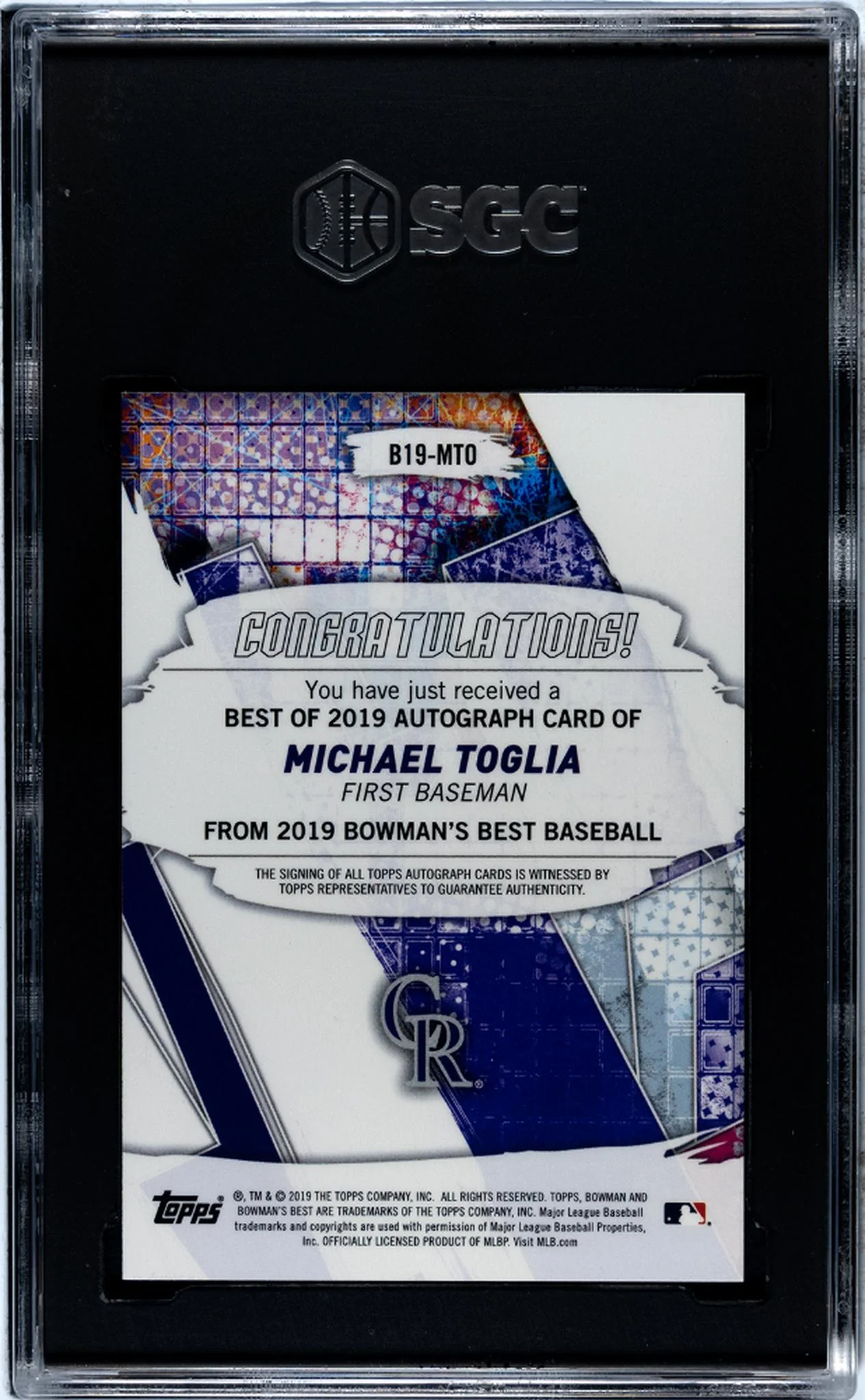 2019 Bowman's Best #B19-MTO Michael Toglia Best Of '19 Auto. Gold Refractor /50 SGC 10 - Image 2