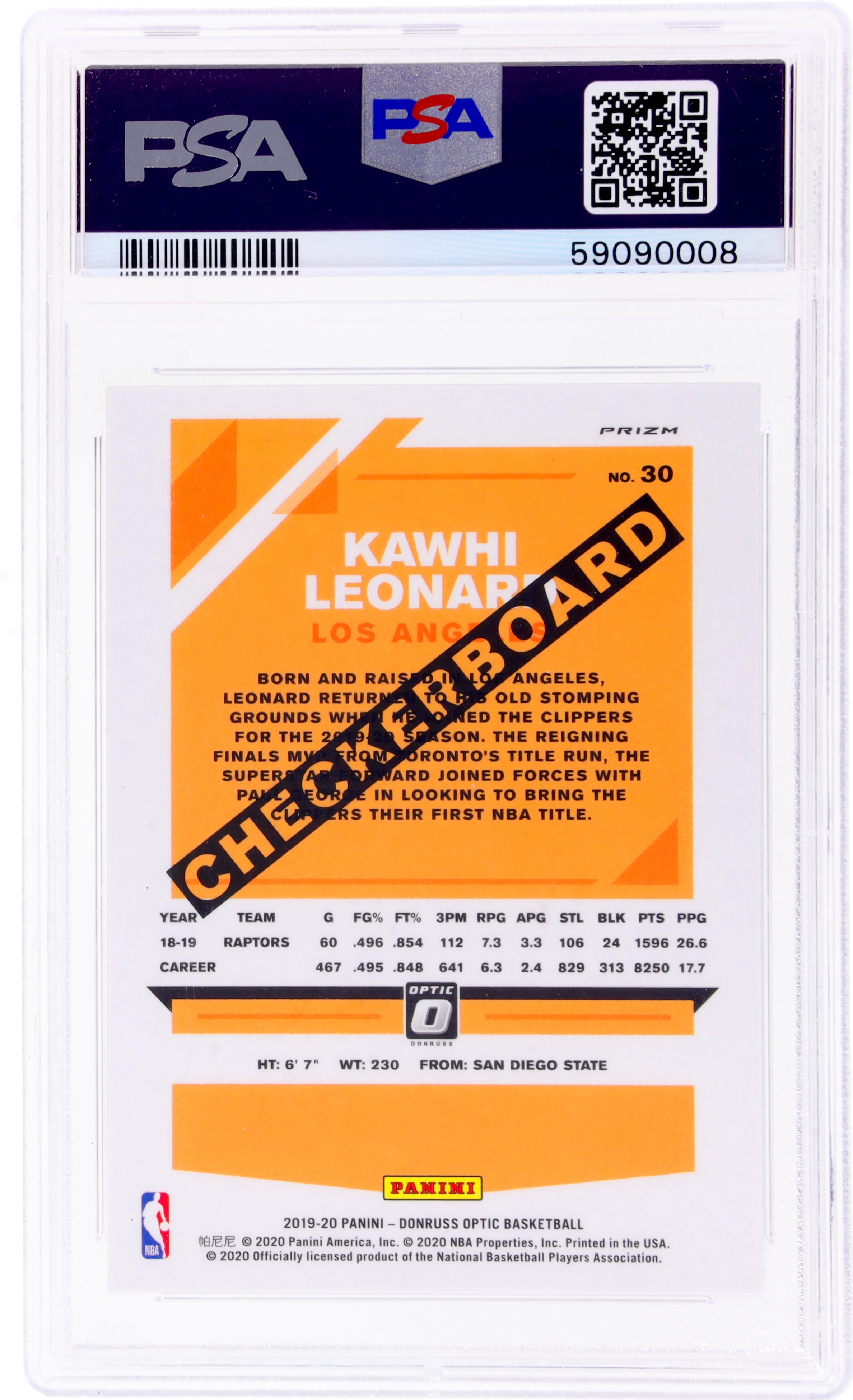 2019 Panini Donruss Optic Kawhi Leonard #30 Checkerboard PSA 10 - Image 2