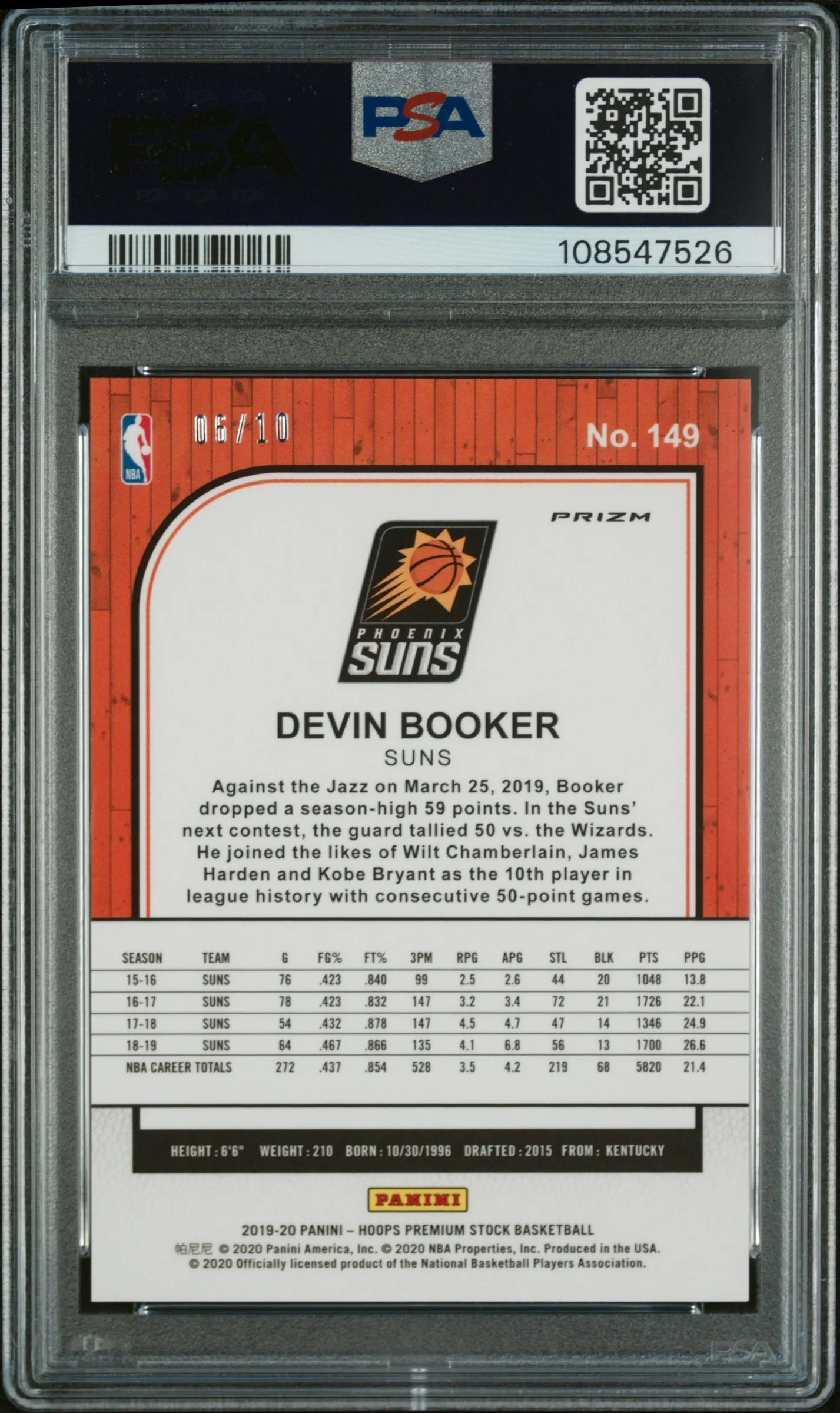 2019 Hoops Premium Stock Devin Booker #149 Gold Laser /10 PSA 10 - Image 2
