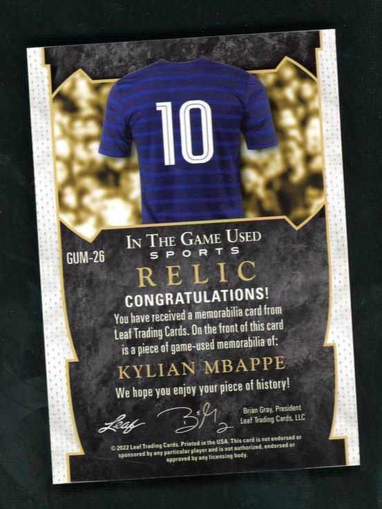 2019 Leaf In The Game Used Sports GUM-26 Kylian Mbappe Relic /3 VG - Image 2
