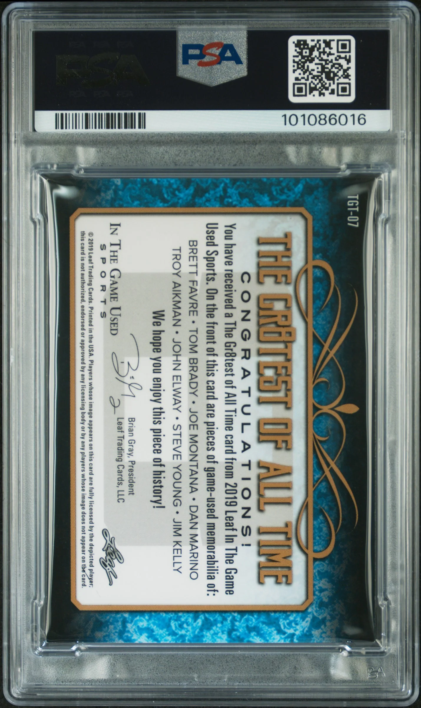 2019 Leaf In the Game Used the Gr8test of All-Time 8 Relics Brett Favre/Dan Marino/Jim Kelly/Joe Montana/John Elway/Steve Young/Tom Brady/Troy Aikman #TGT07 /35 PSA 7 - Image 2