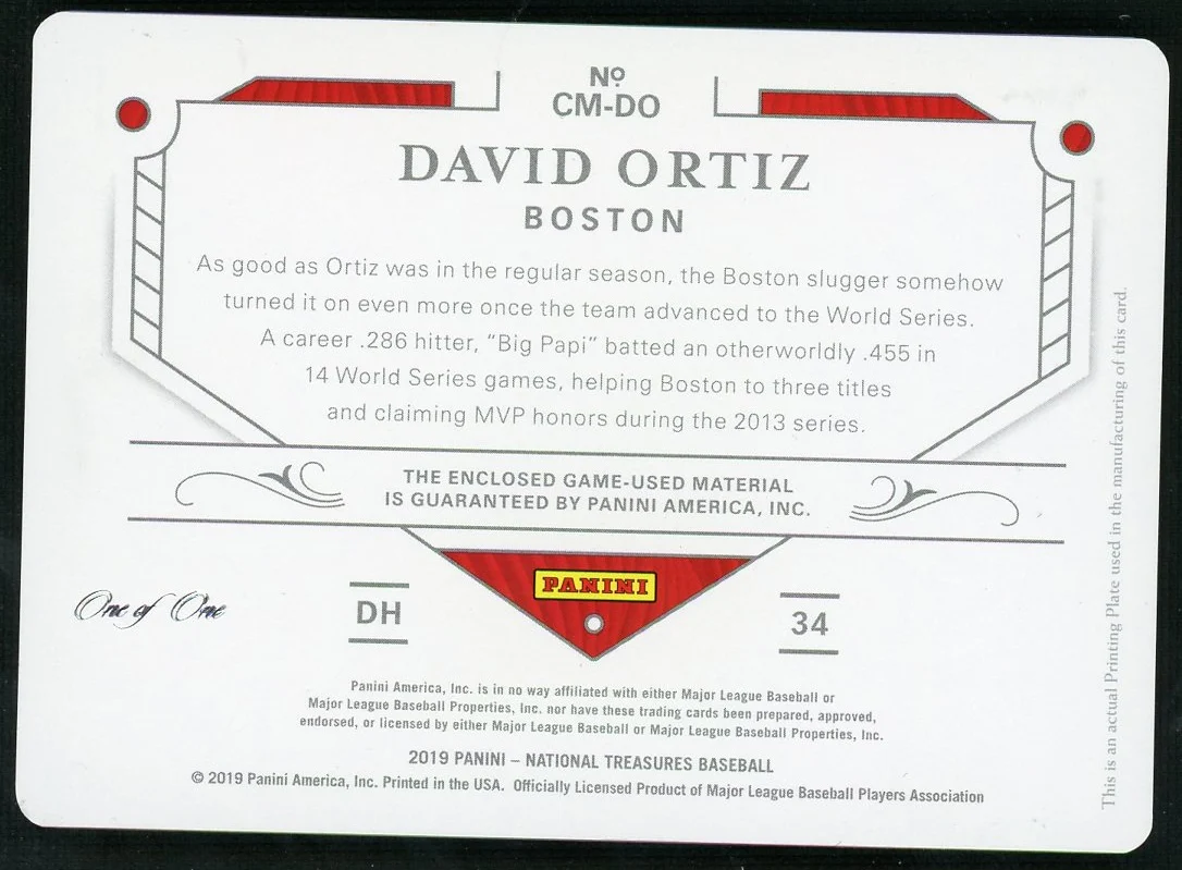 2019 National Treasures David Ortiz Printing Plate Patch 1/1 - Image 2