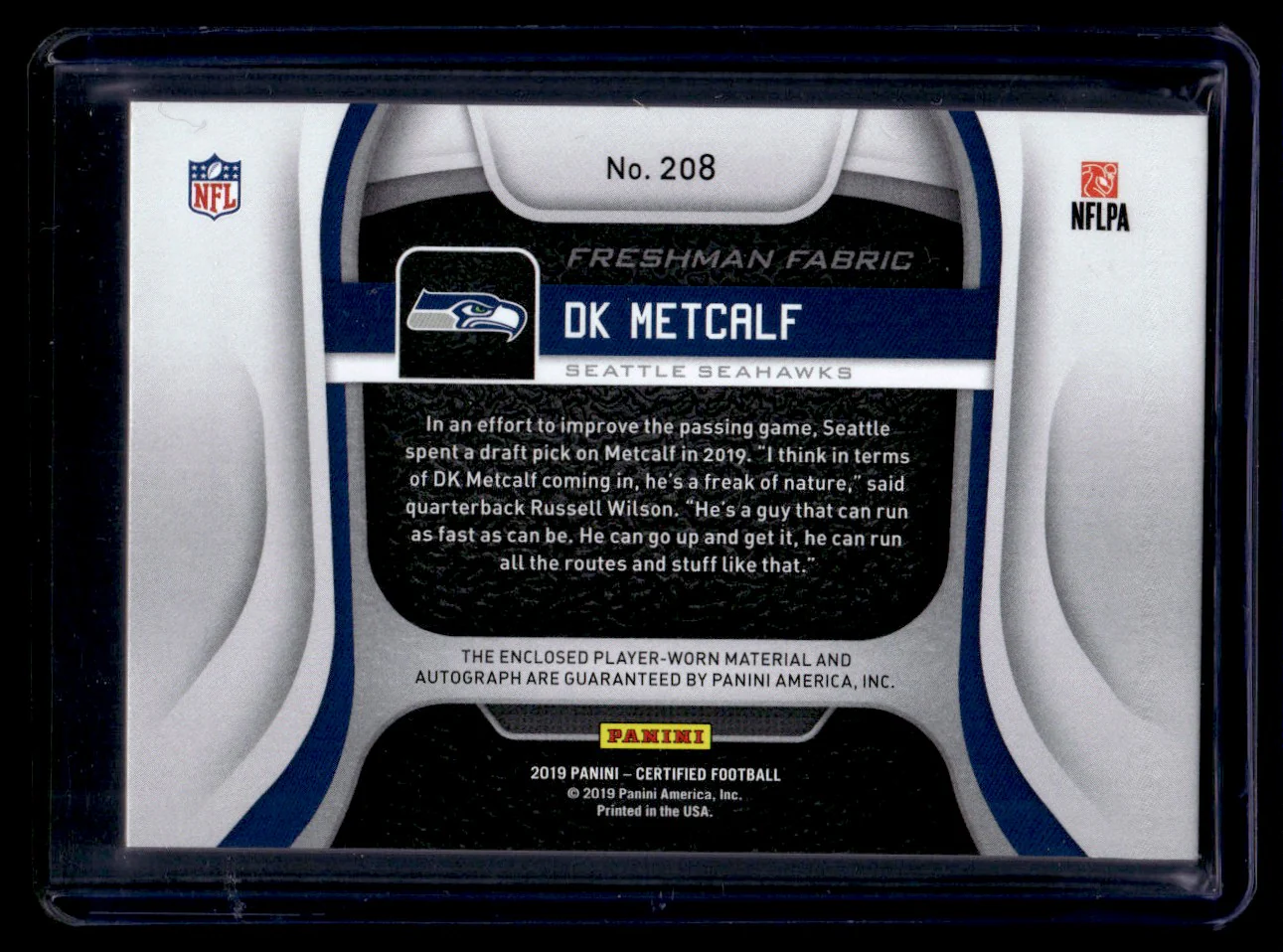 2019 Panini Certified Freshman Fabric DK Metcalf #208 RC RPA /99 - Image 2