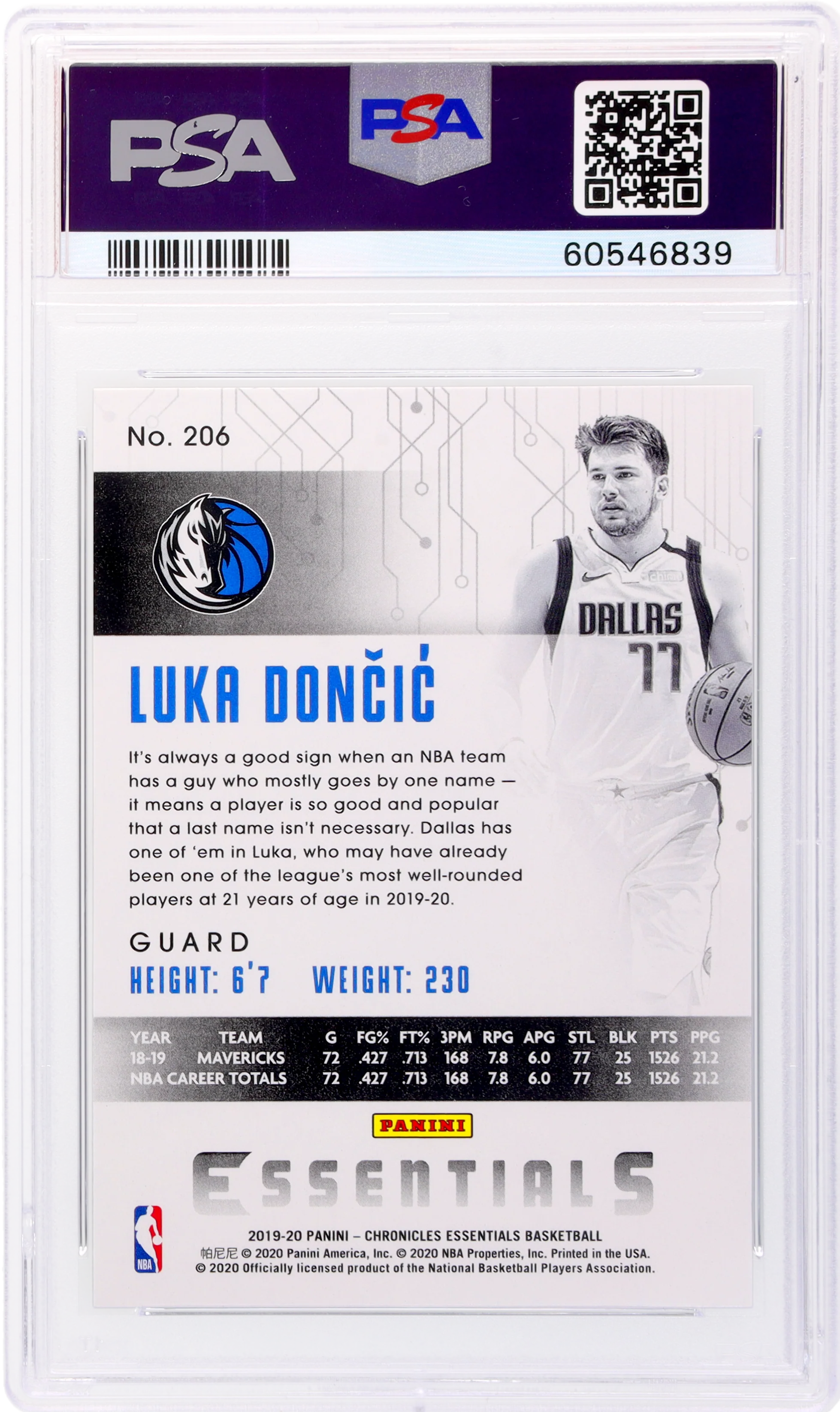 2019 Panini Chronicles Essentials Teal Luka Doncic #206 PSA 10 - Image 2