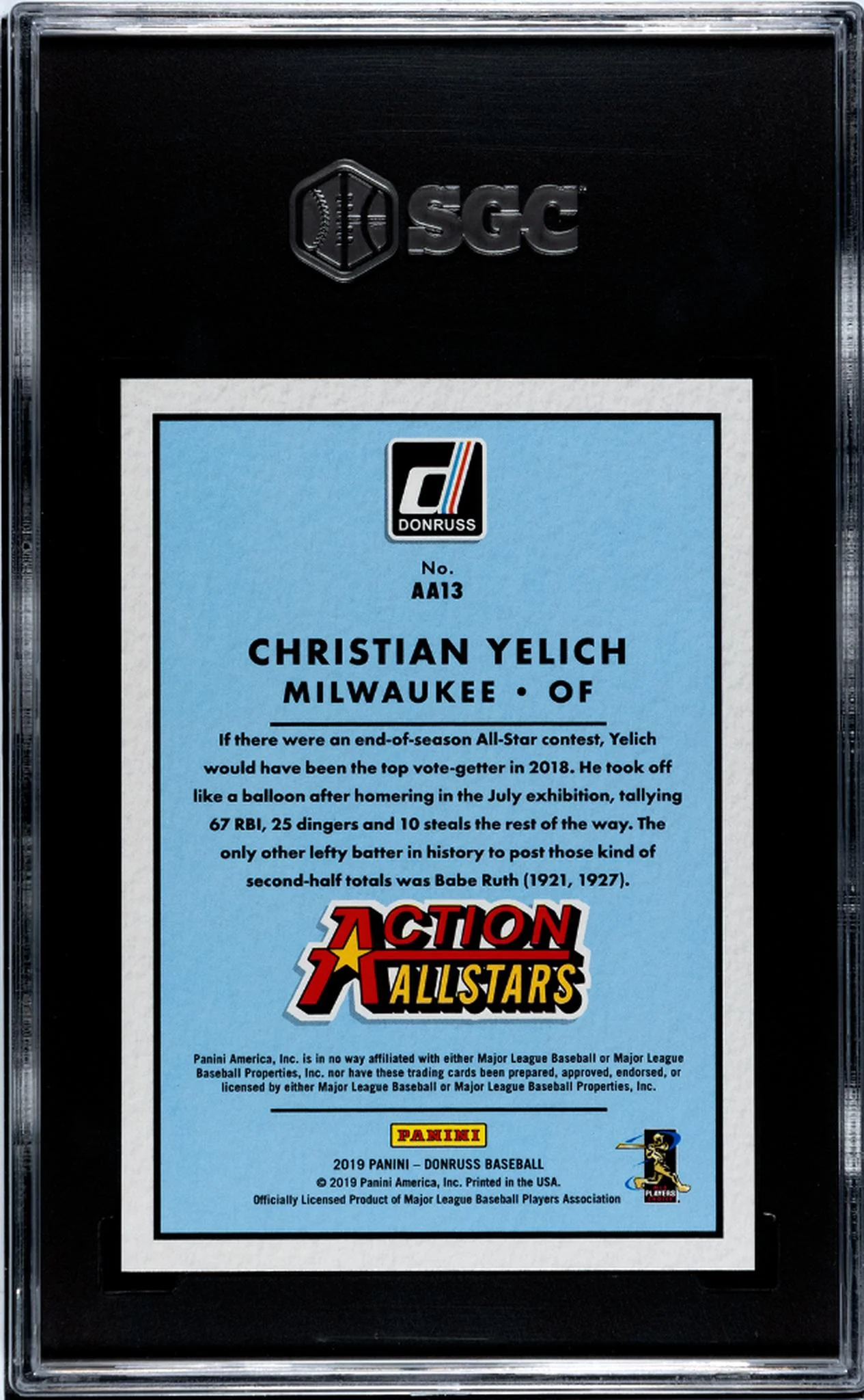 2019 Panini Donruss Action All-Stars Christian Yelich #AA13 /999 SGC 10 - Image 2