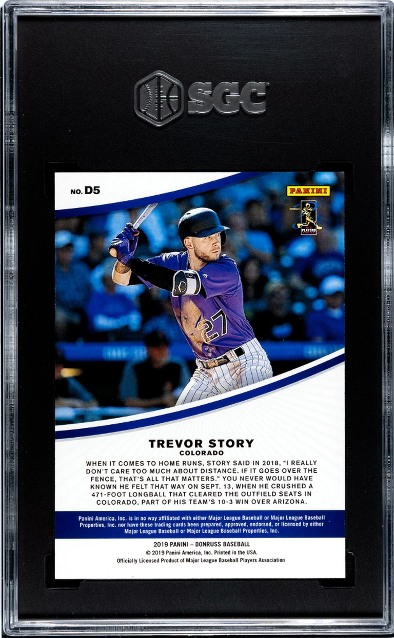 2019 Panini Donruss Dominators Bronze Trevor Story #D5 /349 SGC 10 - Image 2