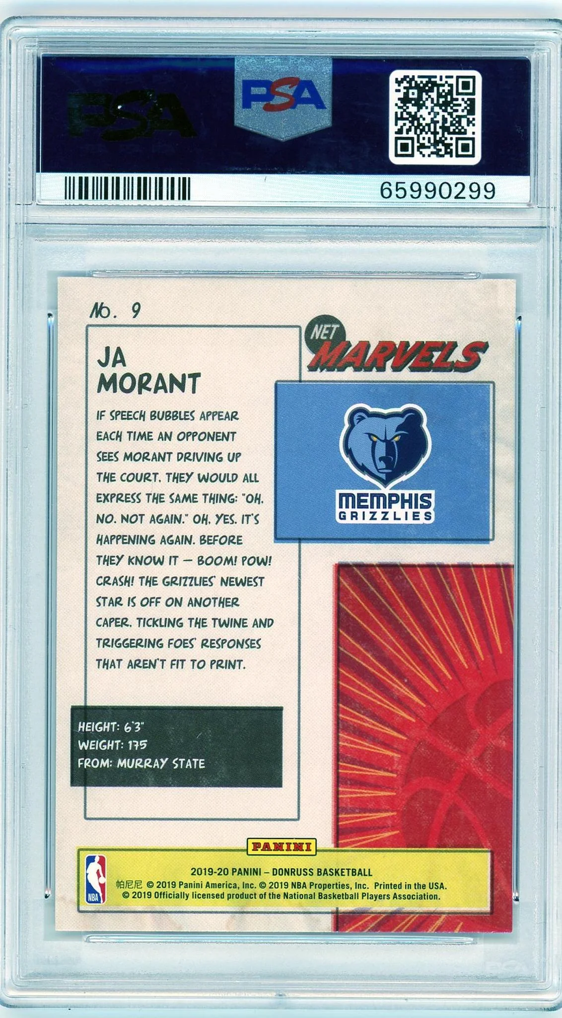 2019 Panini Donruss Net Marvels Ja Morant #9 PSA 9 - Image 2