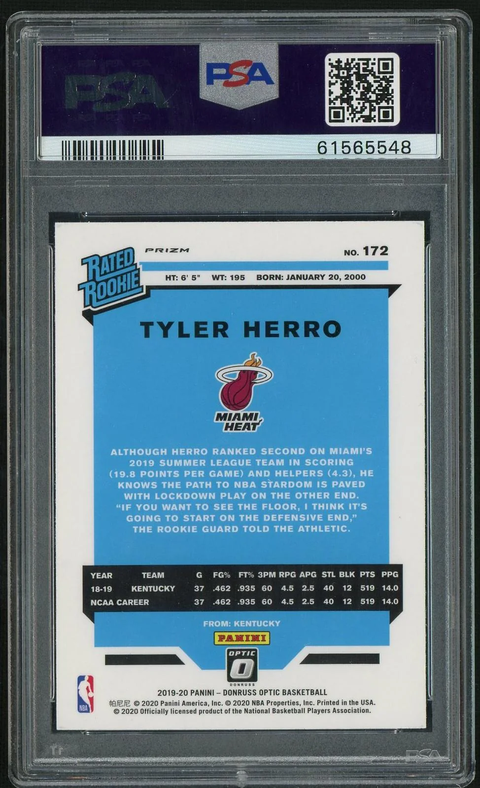 2019 Panini Donruss Optic Blue Velocity Tyler Herro #172 RC PSA 10 - Image 2