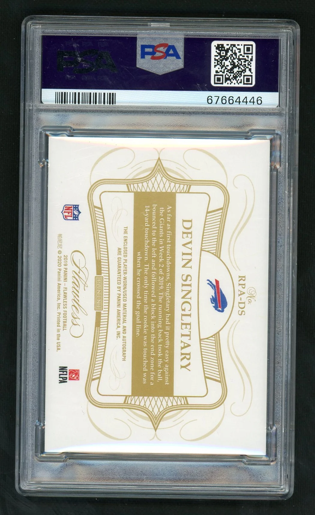 2019 Panini Flawless Rookie Patch Autographs Ruby Devin Singletary #RPADS /15 PSA 8 - Image 2