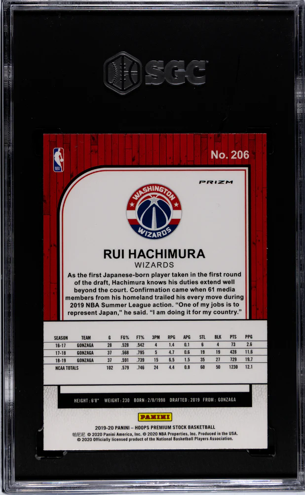 2019 Panini Hoops Premium Silver Prizm Rui Hachimura #206 RC SGC 8.5 - Image 2