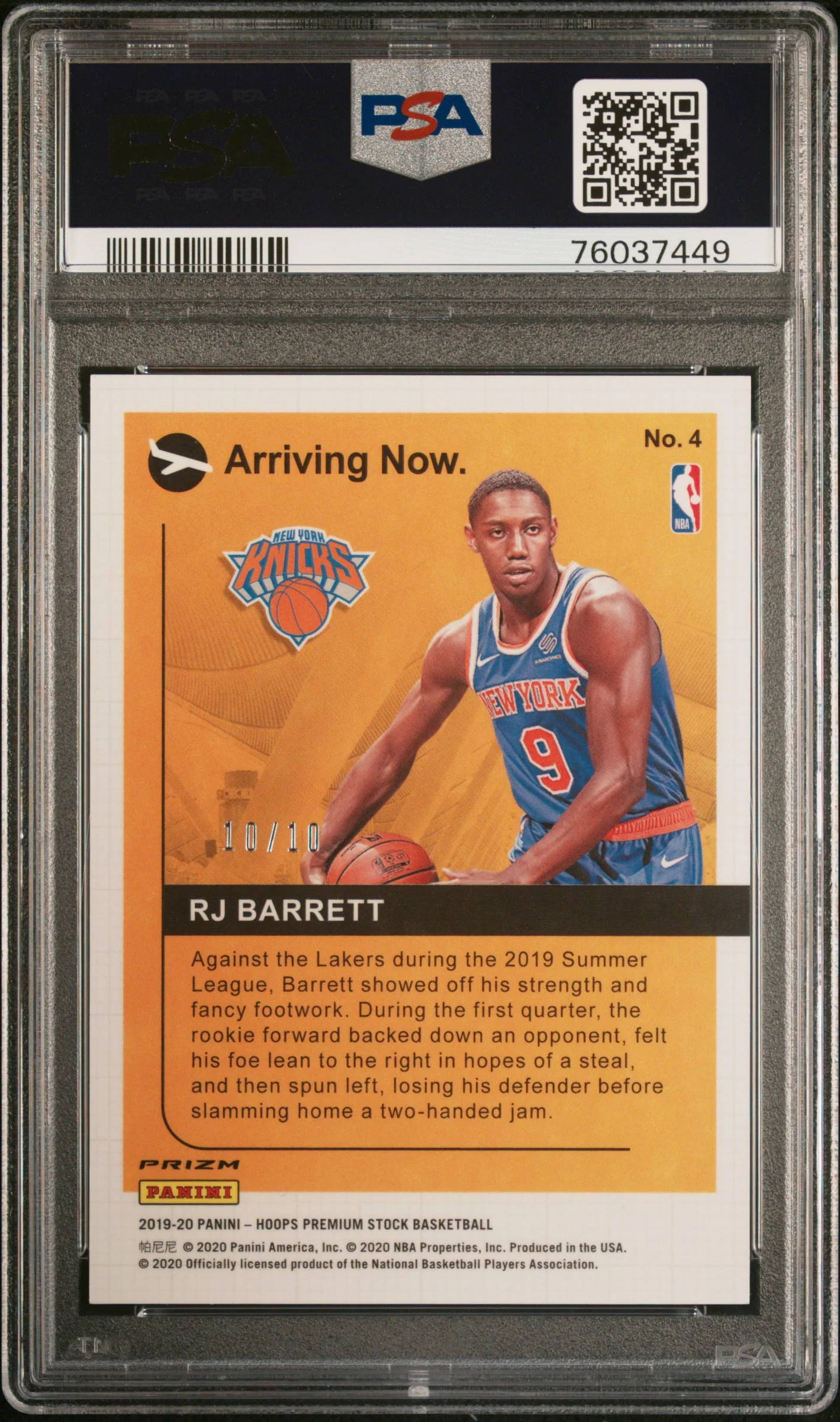 2019 Panini Hoops Premium Stock Arriving Now Gold RJ Barrett #4 Prizm /10 PSA 10 - Image 2