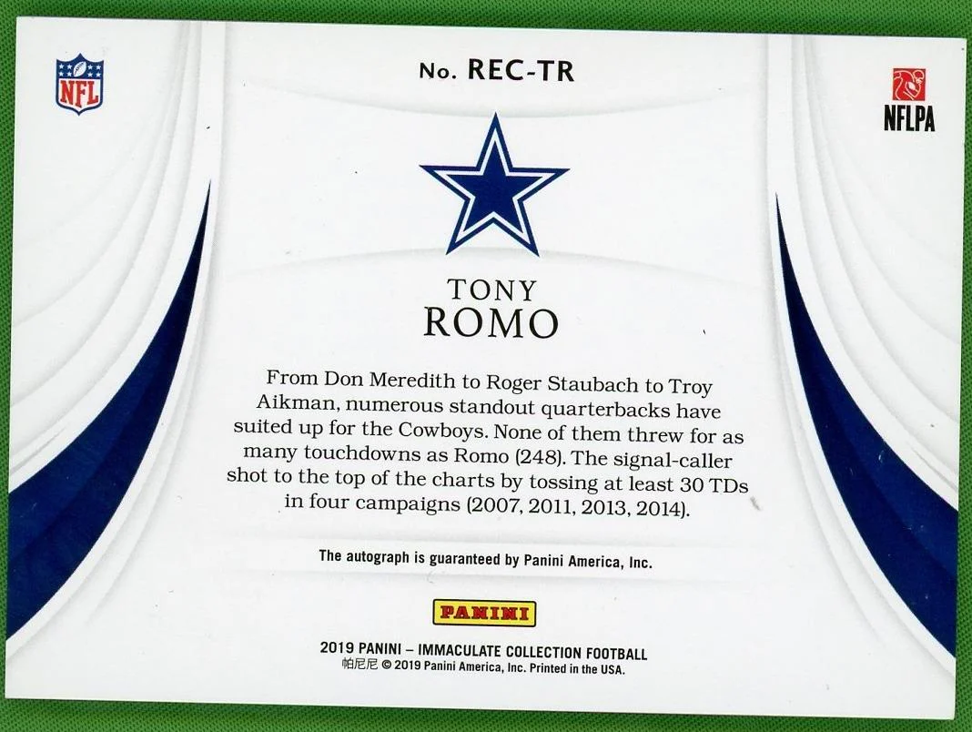 2019 Panini Immaculate Collection Immaculate Records Auto Tony Romo /10 - Image 2