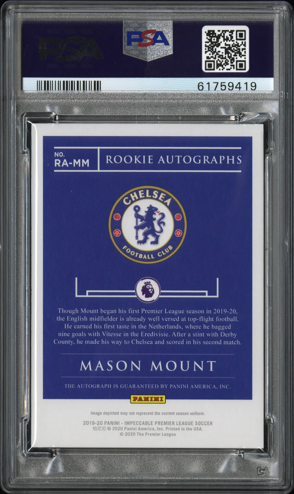 2019 Panini Impeccable Premier League Rookie Autograph Mason Mount #5 /99 PSA 7 - Image 2