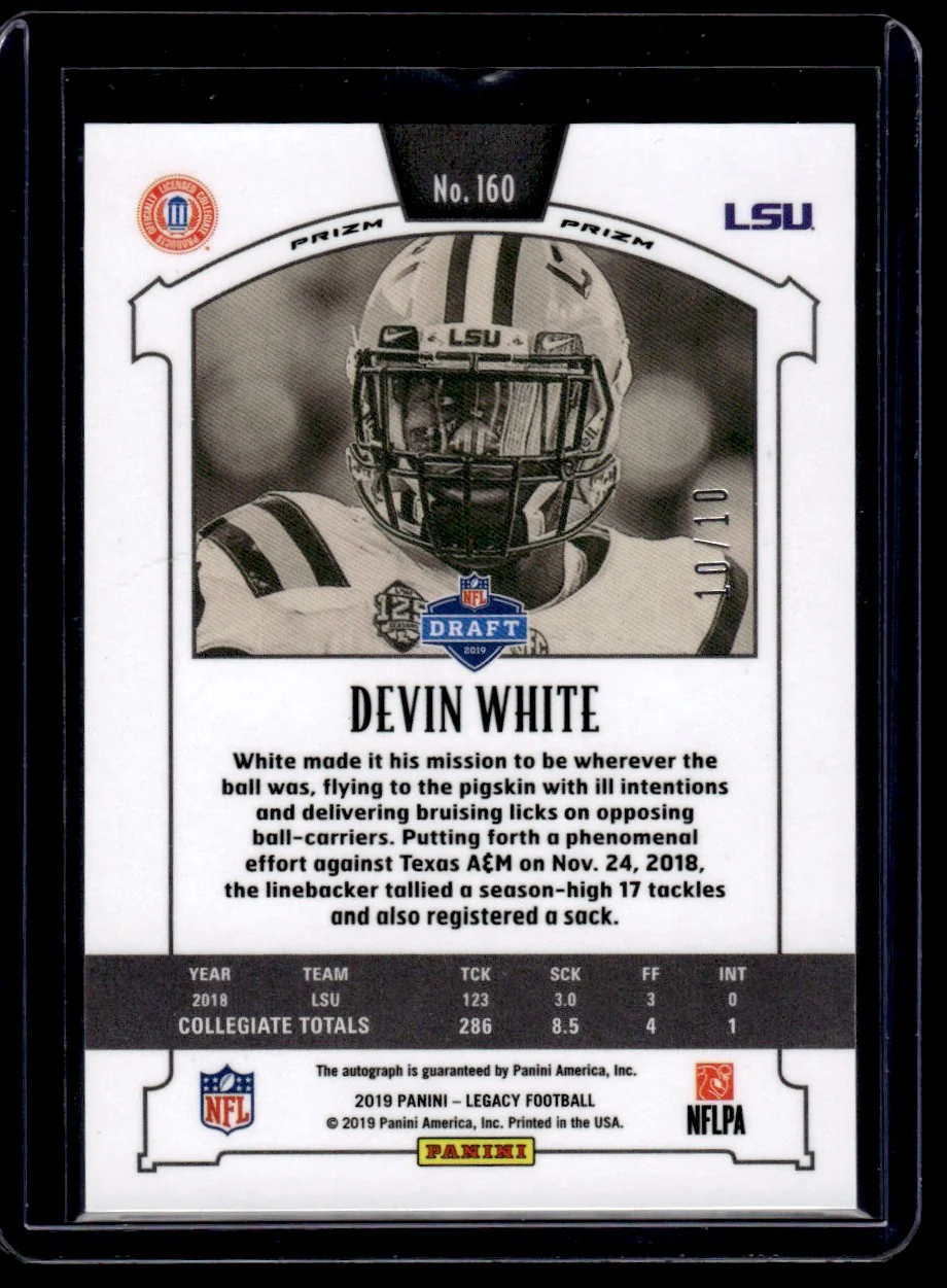 2019 Panini Legacy Cracked Ice Devin White #160 RC Auto /10 - Image 2