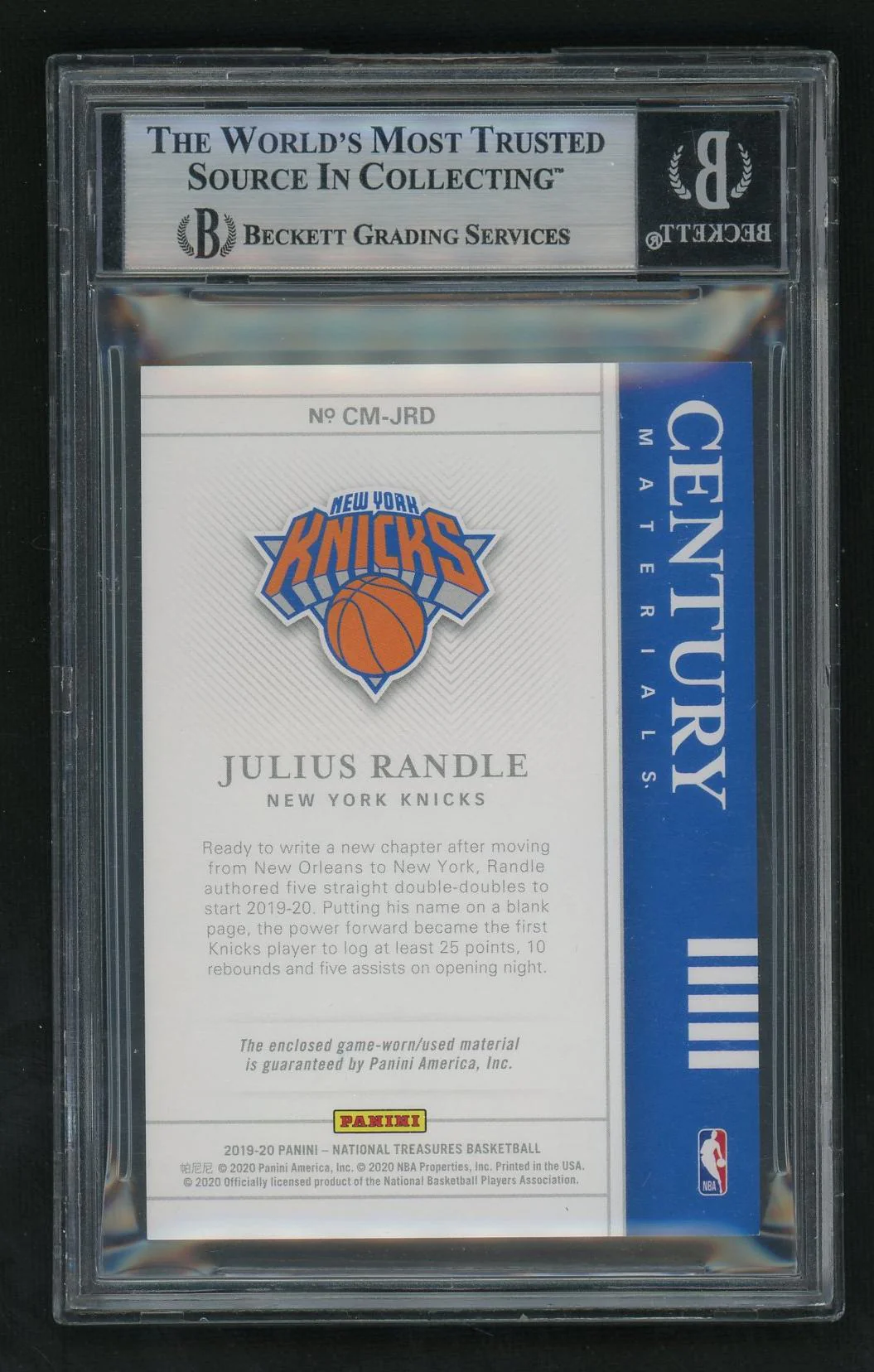 2019 Panini National Treasures CM-JRD Julius Randle Century Materials Prime /10 Beckett 9 Mint New York Knicks - Image 2
